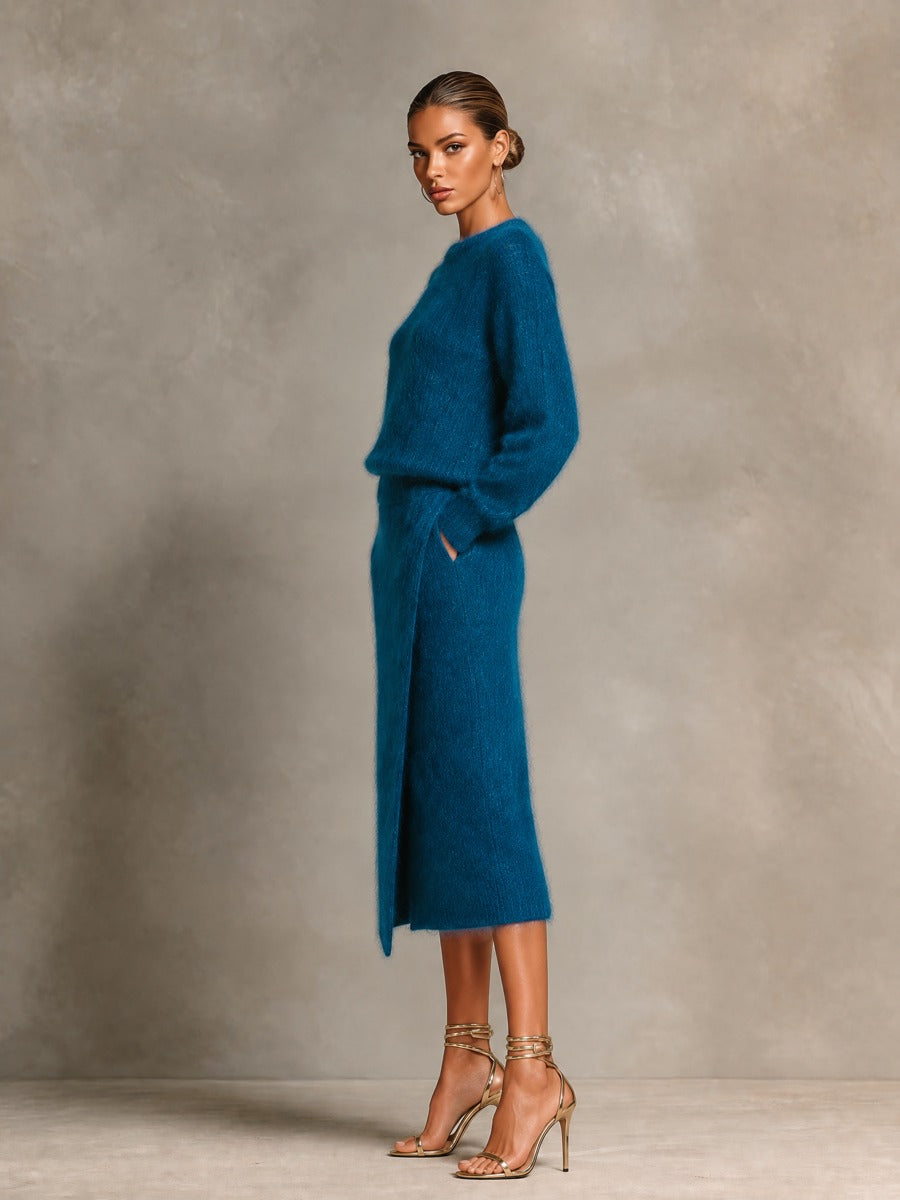 Women's Fuzzy Sweater And Wrap Midi Skirt Knit Set