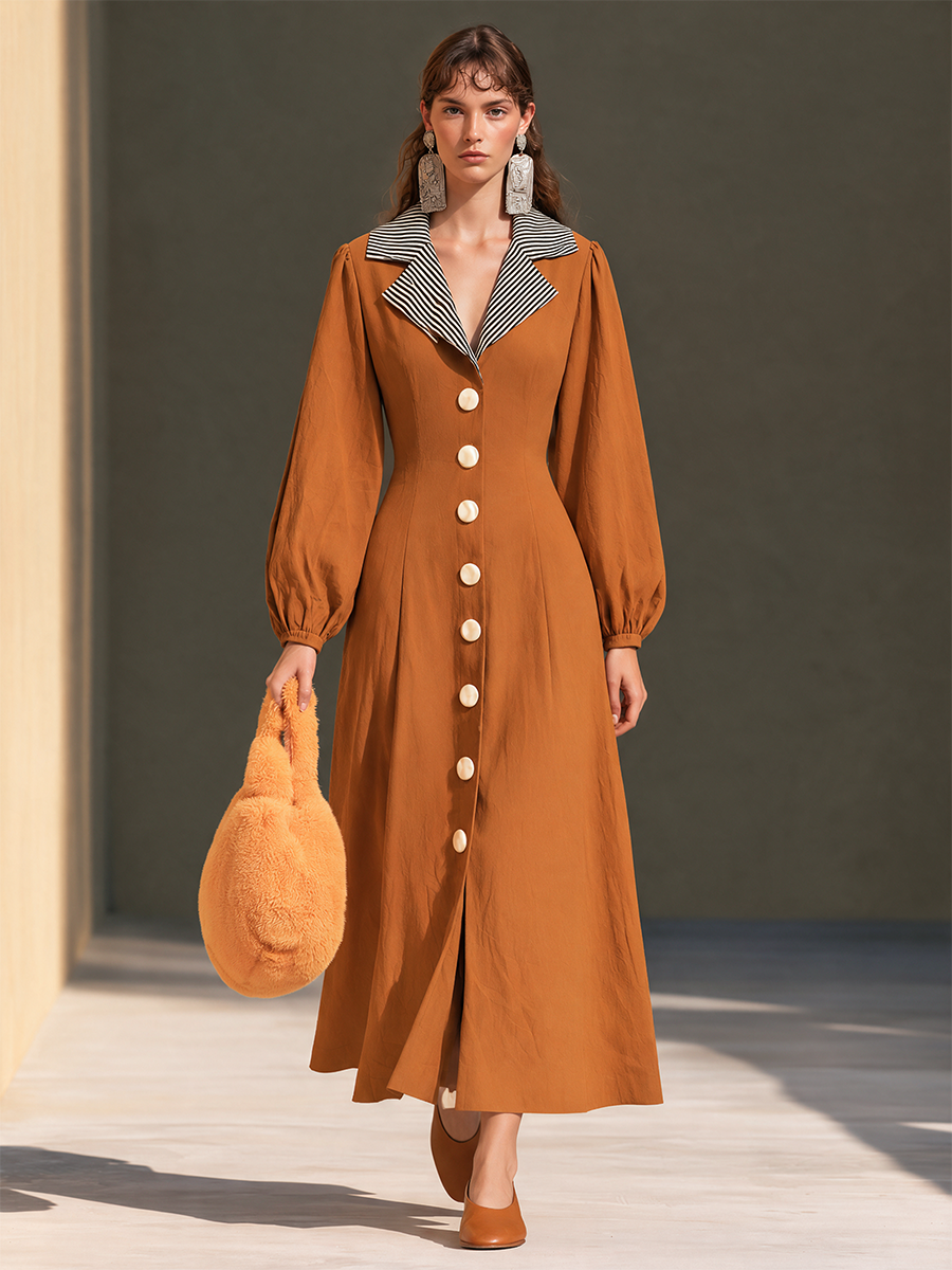 Women's Striped-Lapel Covered-Button Blouson-Sleeve Cinched-Waist Full-Skirt Maxi Dress