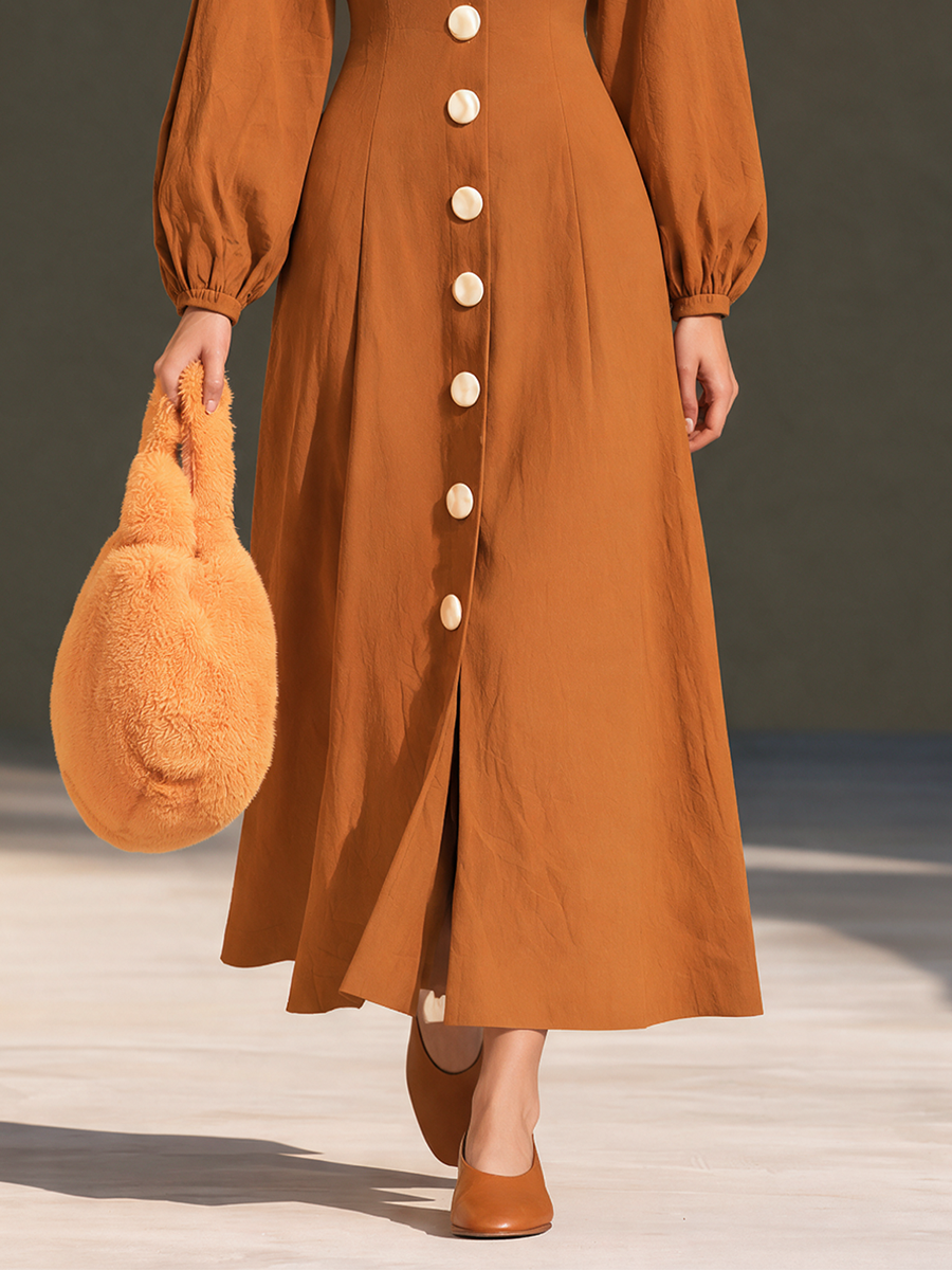 Women's Striped-Lapel Covered-Button Blouson-Sleeve Cinched-Waist Full-Skirt Maxi Dress