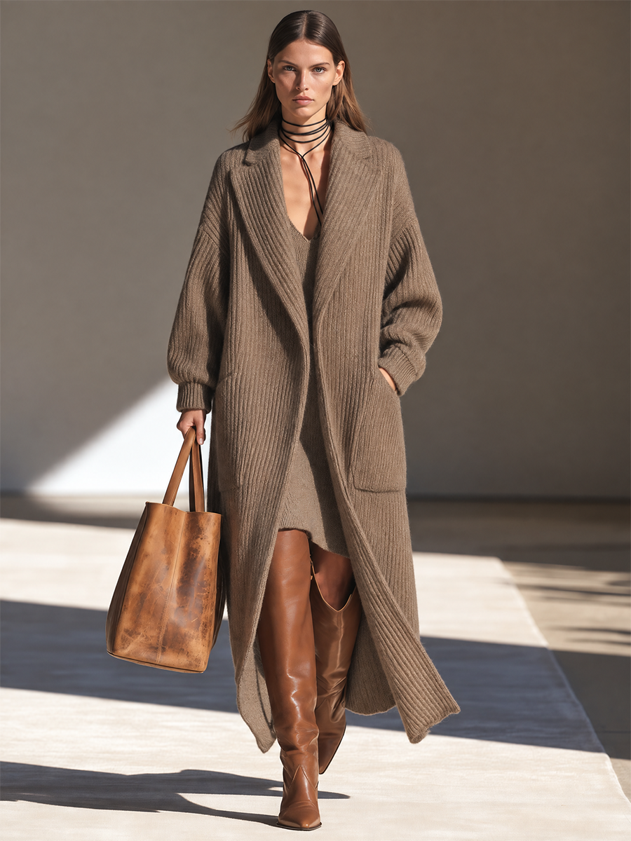 Women's Lapel Drop-Shoulder Blouson-Sleeve Chunky-Rib Open-Front Longline Wool-Knit Coat