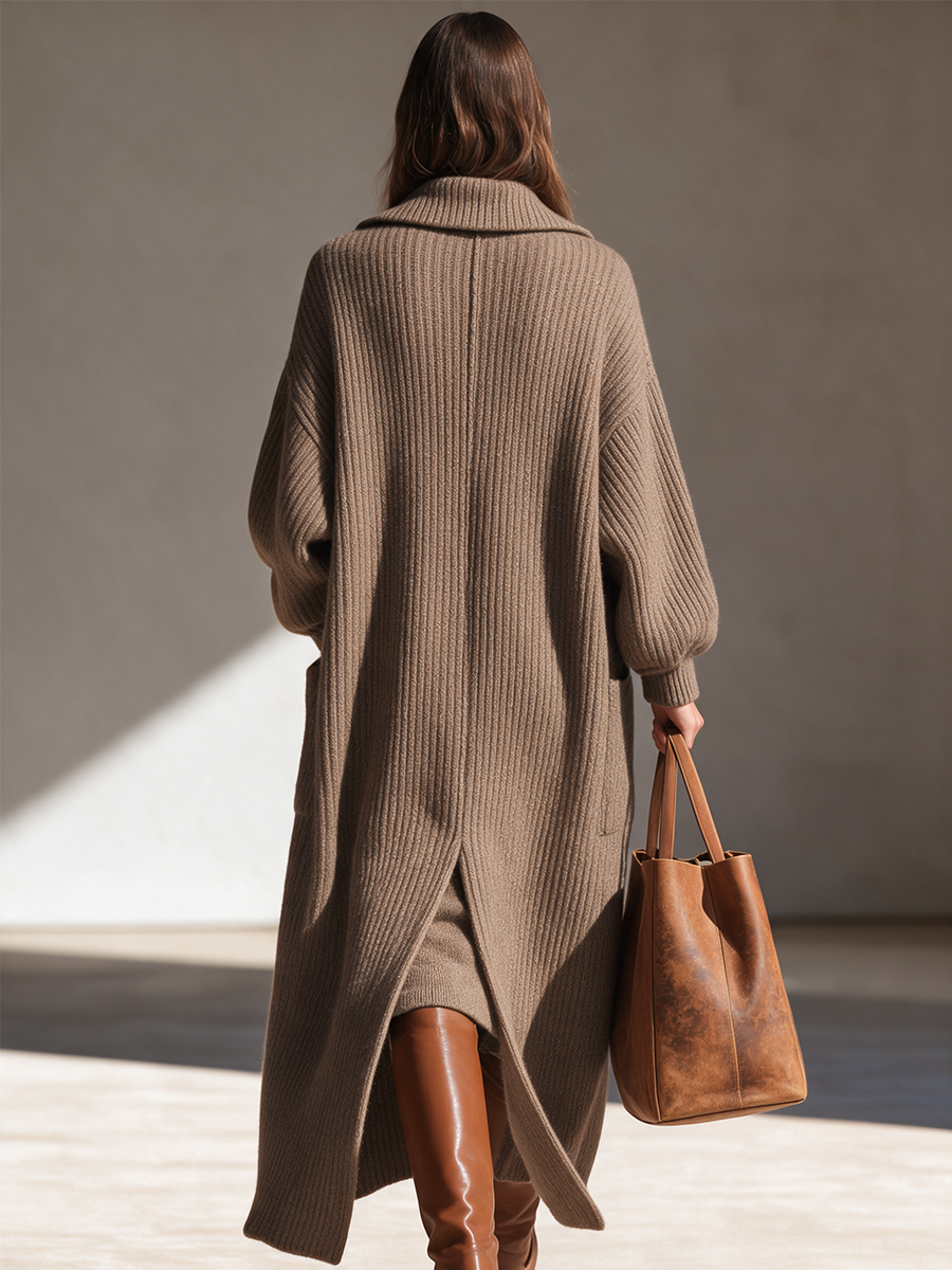 Women's Lapel Drop-Shoulder Blouson-Sleeve Chunky-Rib Open-Front Longline Wool-Knit Coat