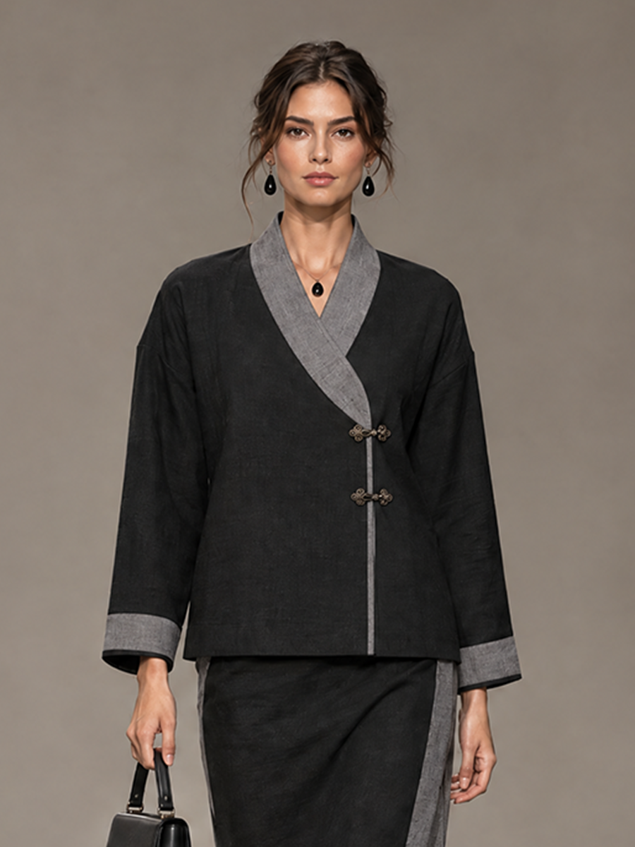Women's Contrast-Trim Frog-Button Drop-Shoulder Wrap-Collar Top & Side-Panel Skirt New Chinese-Style Set