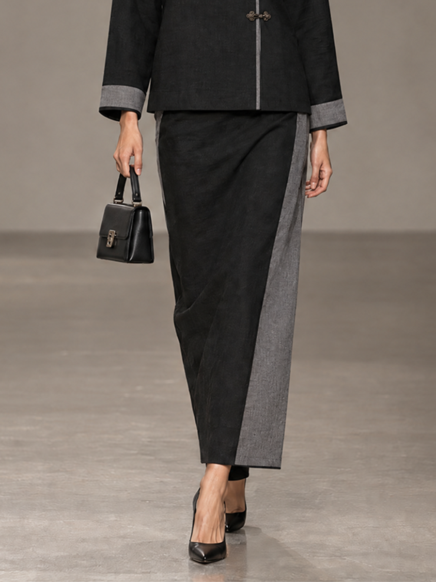 Women's Contrast-Trim Frog-Button Drop-Shoulder Wrap-Collar Top & Side-Panel Skirt New Chinese-Style Set