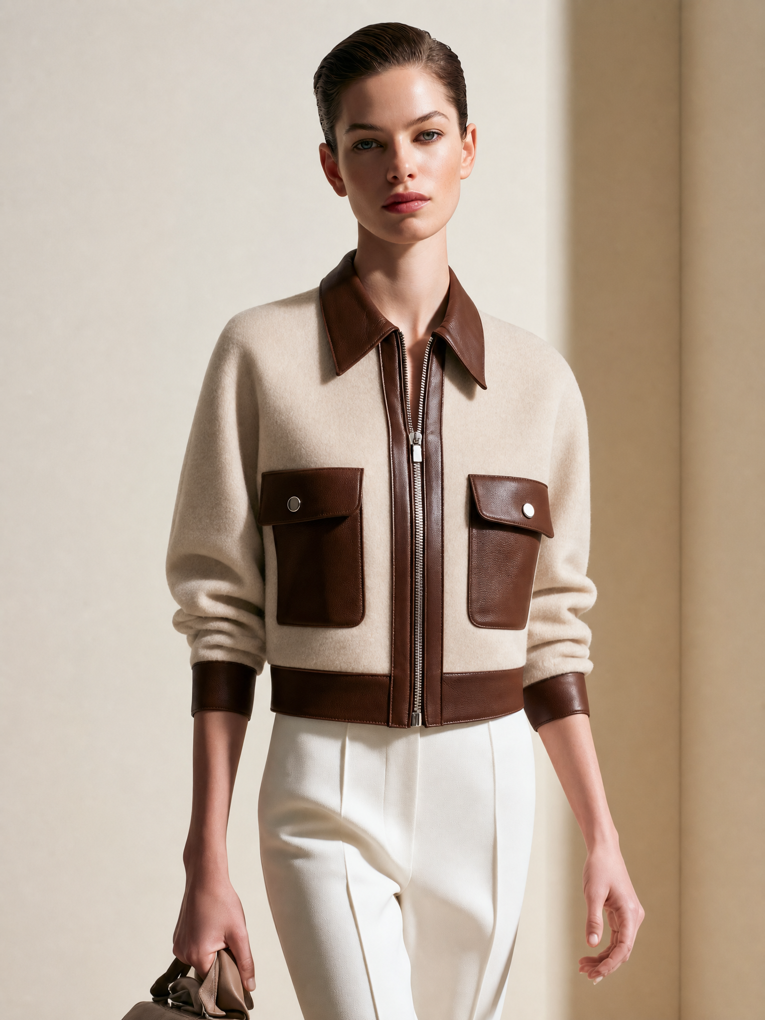 Women's Colorblock Beige Wool-Blend Jacket With Leather Contrast Trim