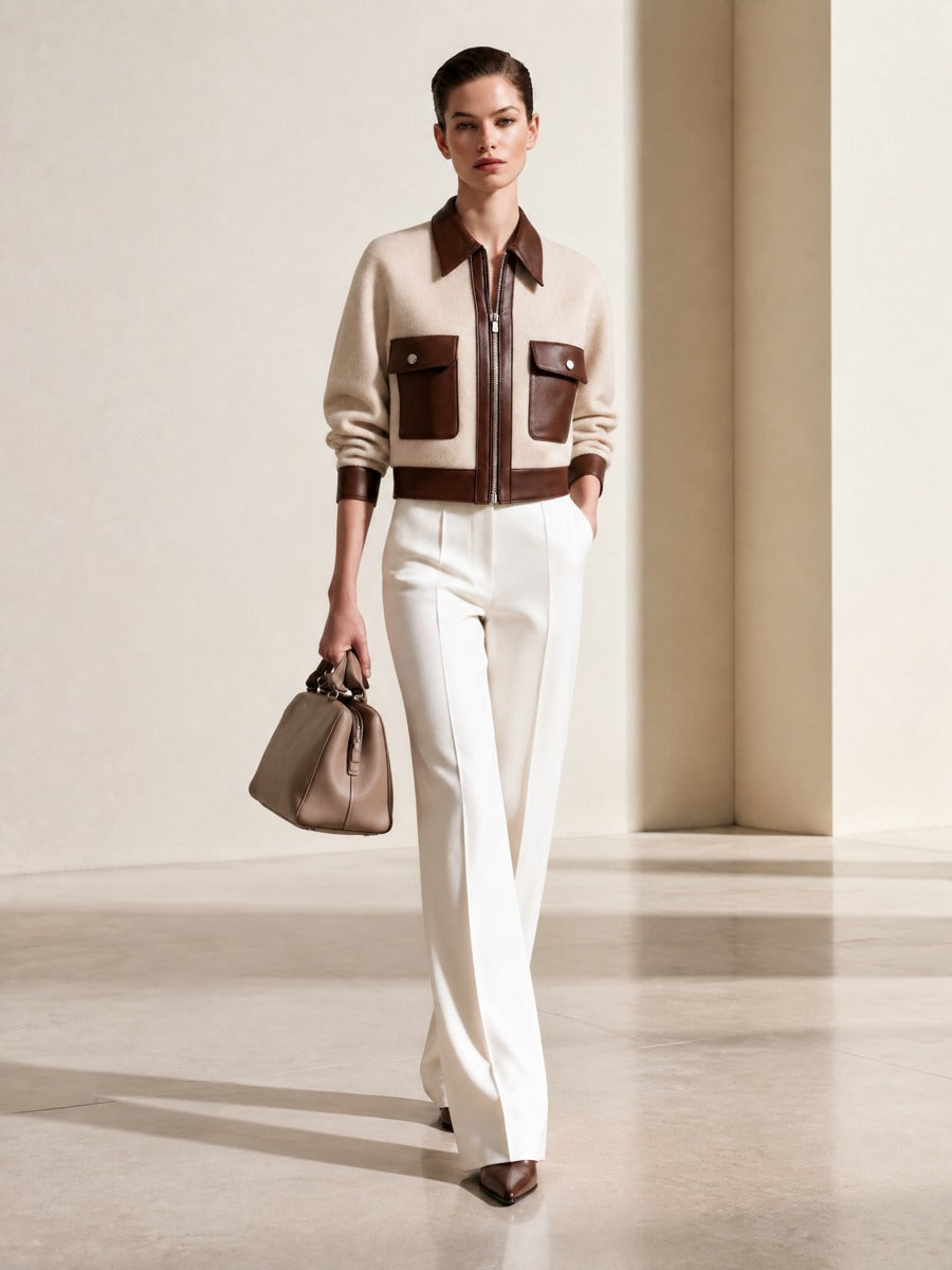 Women's Colorblock Beige Wool-Blend Jacket With Leather Contrast Trim
