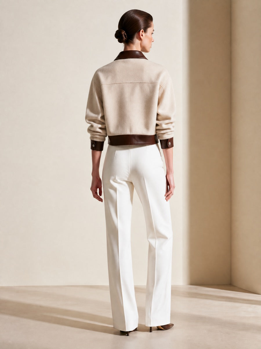 Women's Colorblock Beige Wool-Blend Jacket With Leather Contrast Trim