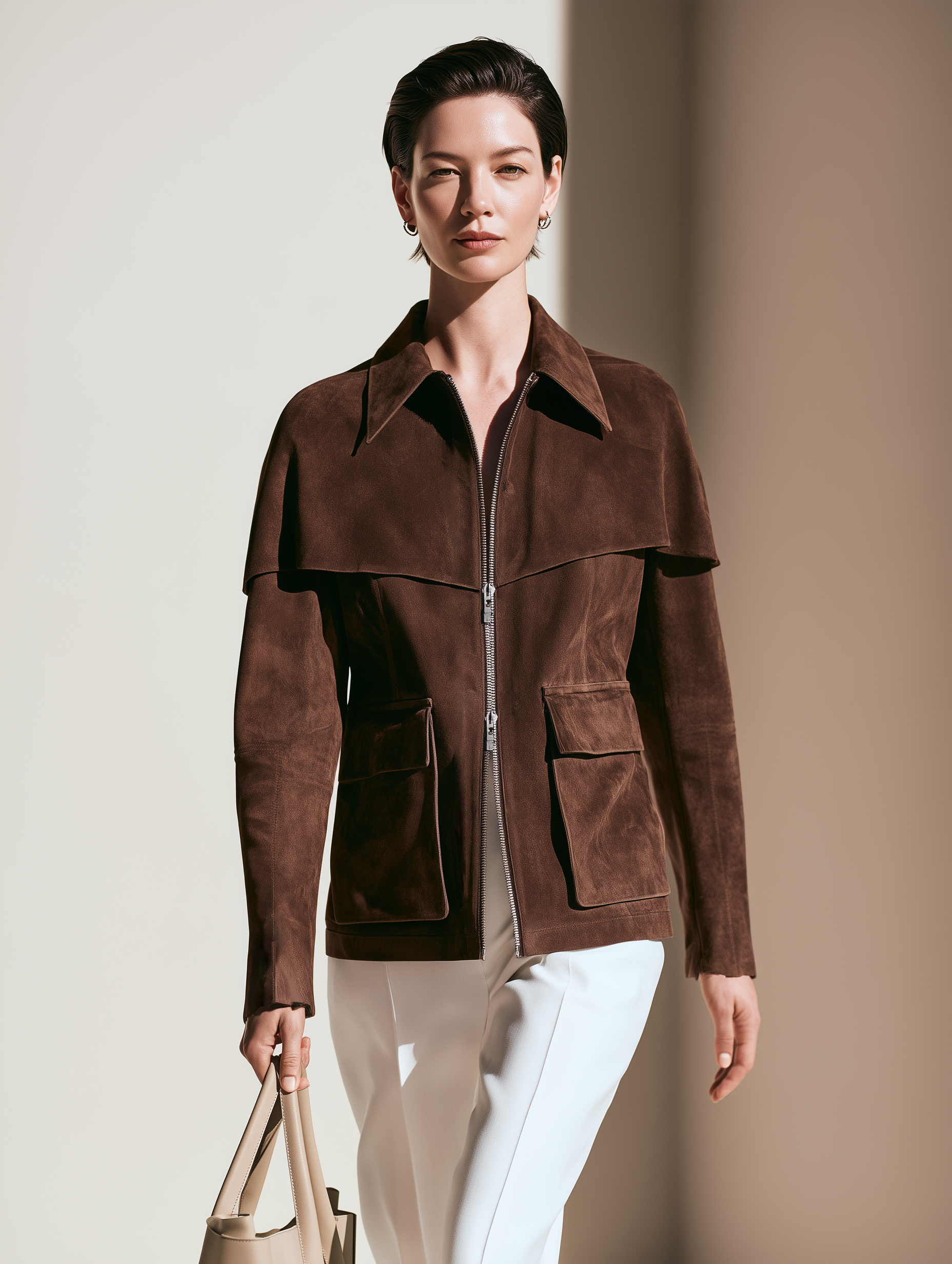 Women's Cape Detail Brown Zip Front Jacket