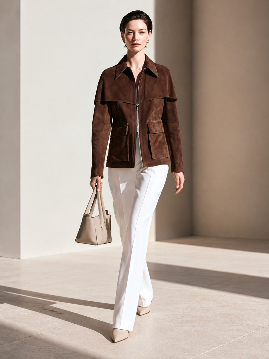 Women's Cape Detail Brown Zip Front Jacket