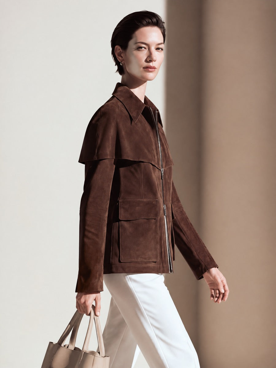 Women's Cape Detail Brown Zip Front Jacket
