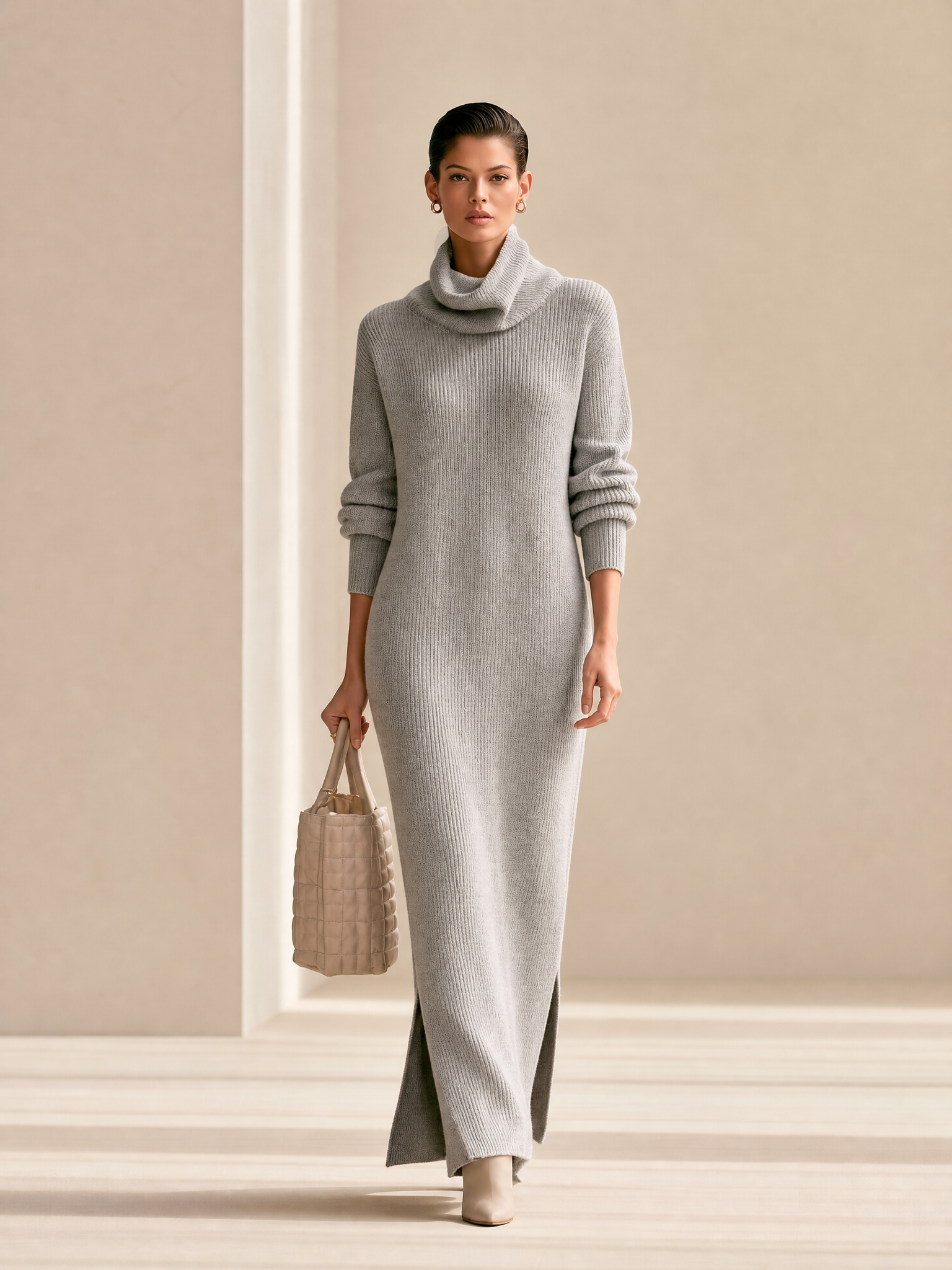 Women's Turtleneck Ribbed Knit Sweater Maxi Dress with Side Slit