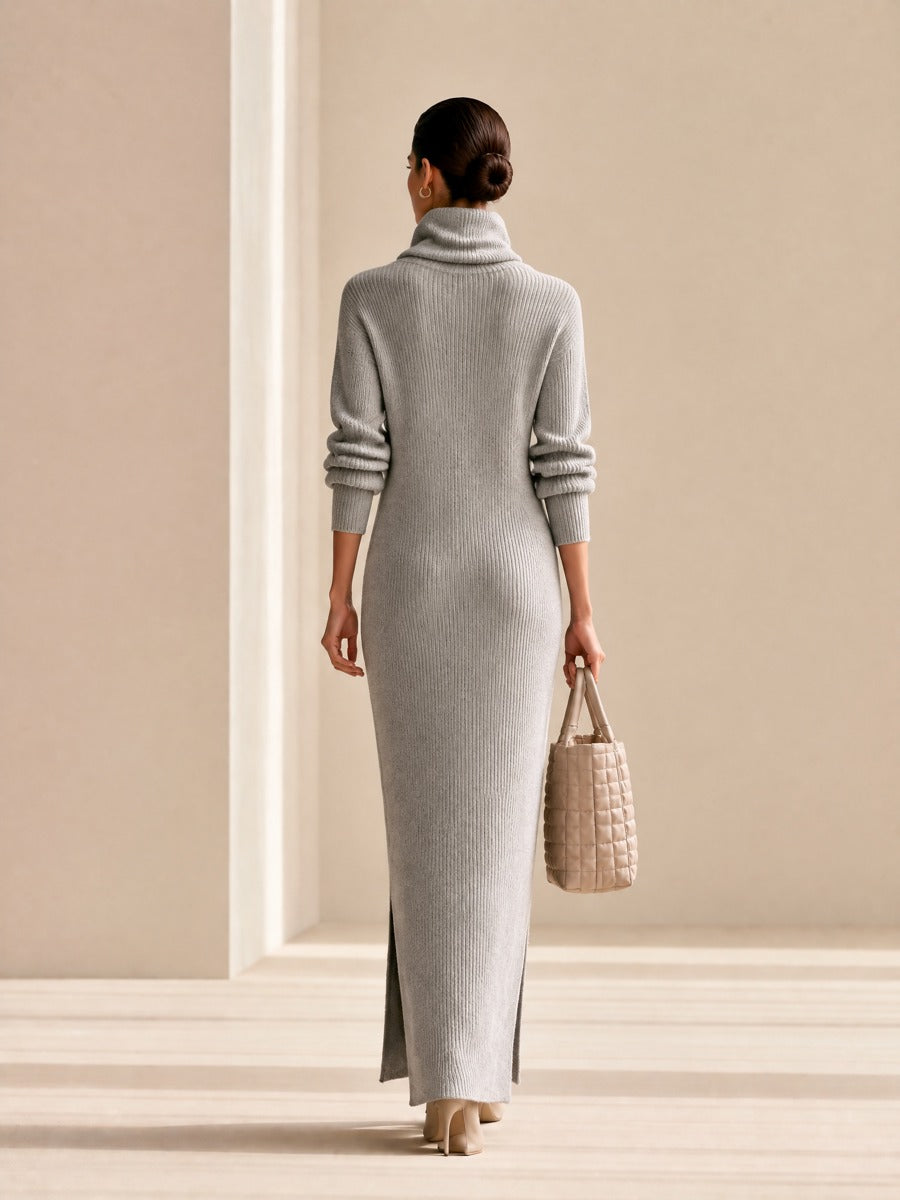 Women's Turtleneck Ribbed Knit Sweater Maxi Dress with Side Slit