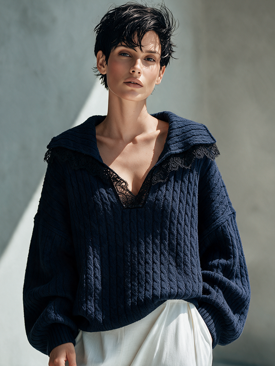 Women's Cable-Knit Top With Oversized Collar And Lace Inset MDZ1425I9ZRK