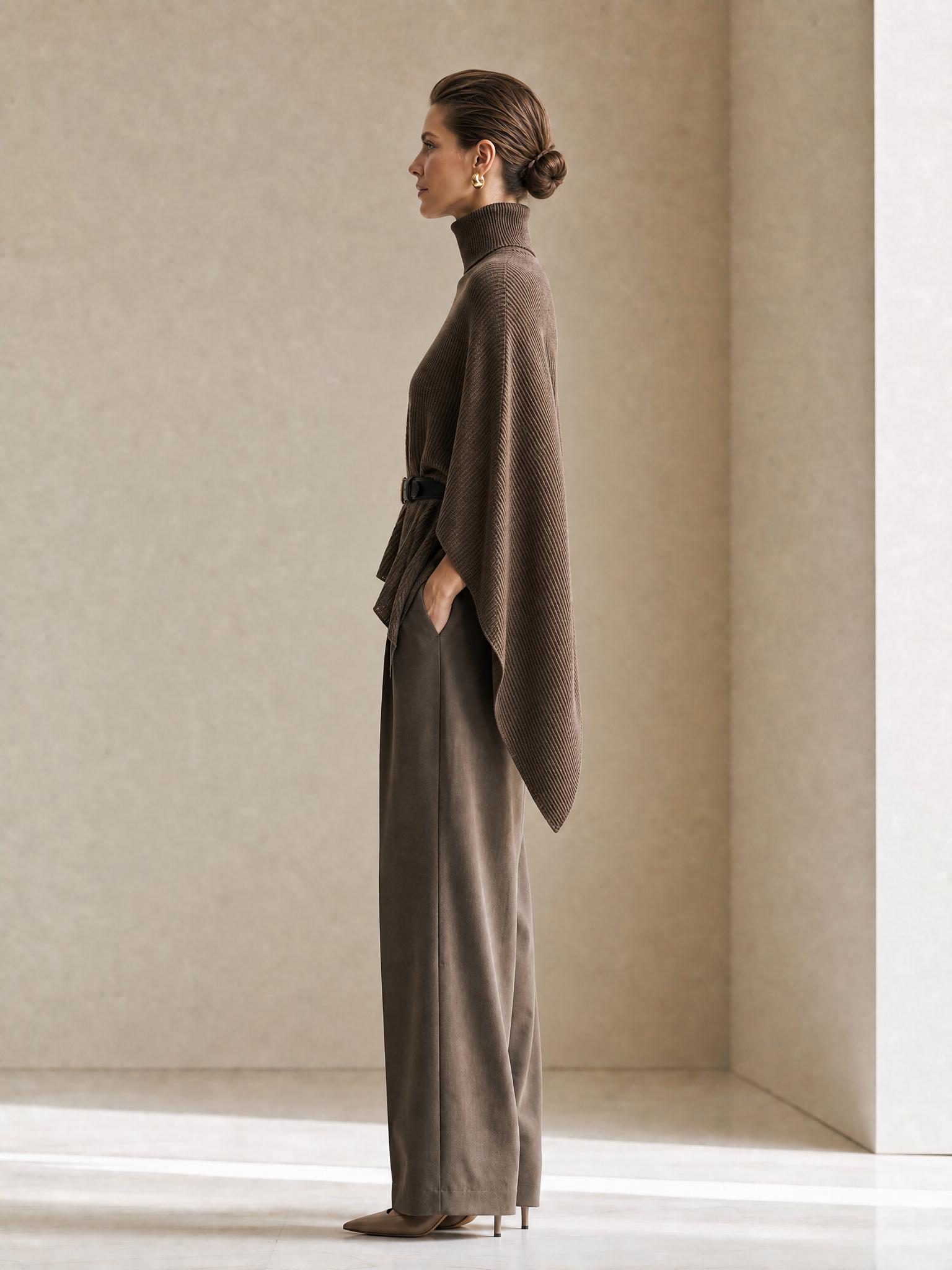 Women's Turtleneck Batwing Knit Taupe Pants Set