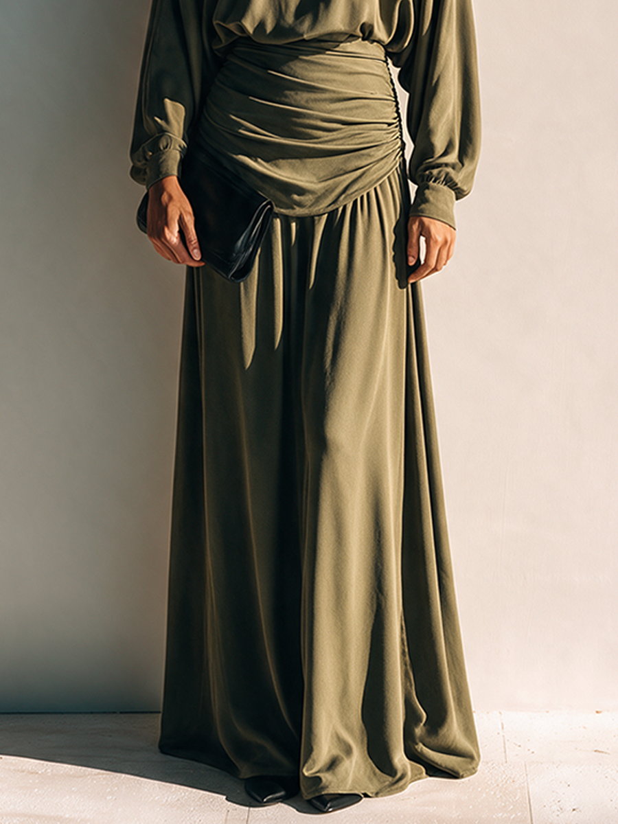 Women's Long-Sleeve Knitted Maxi Dress With Pleated Waist