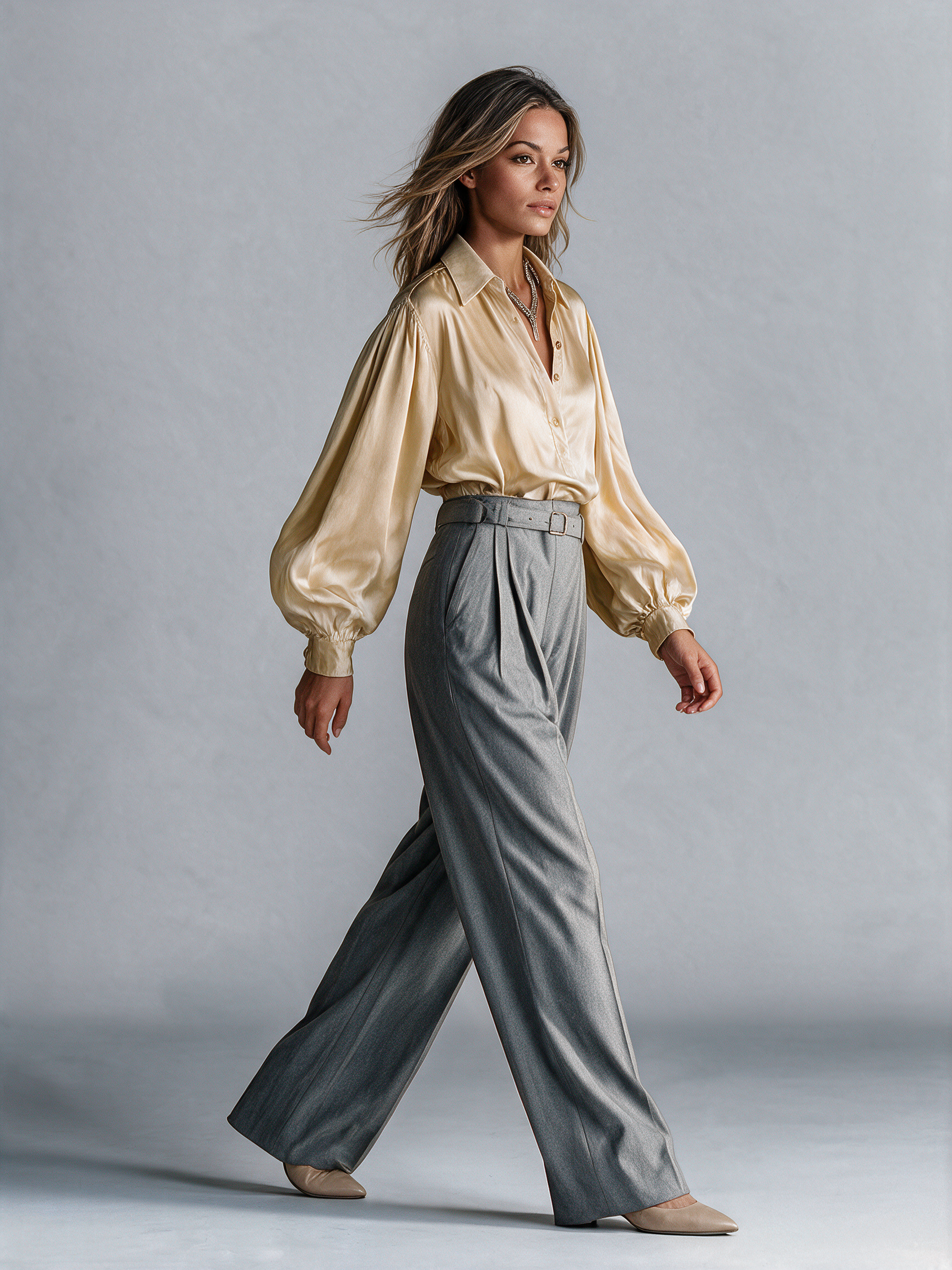 Women's Satin Acetate Lantern Sleeve Shirt