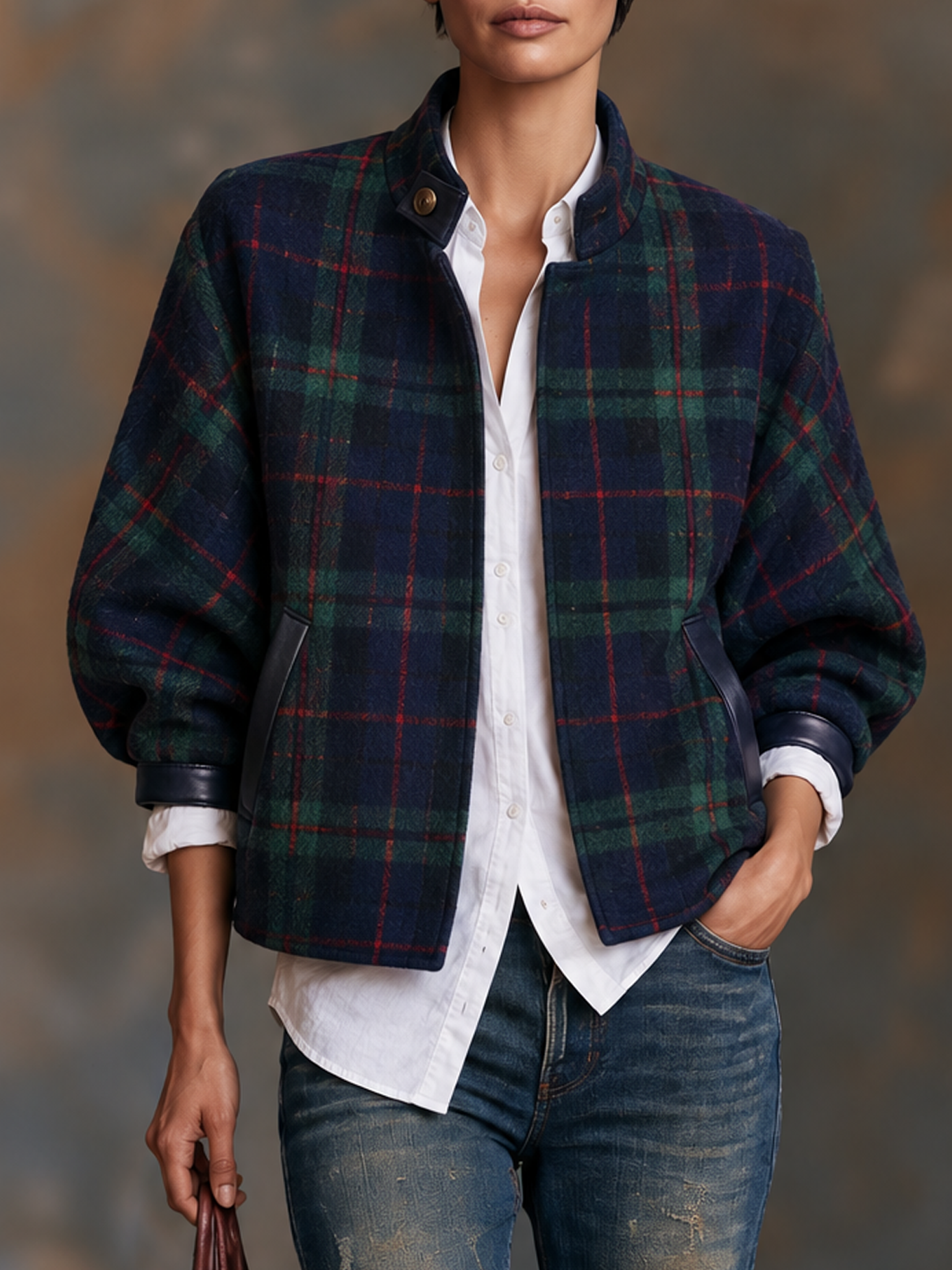 Women's Vintage-Style Plaid Wool-Blend Cropped Jacket With Leather Panels