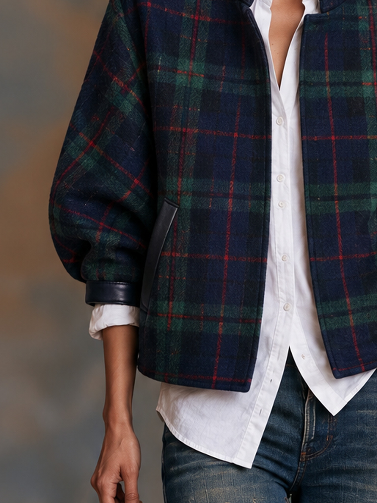 Women's Vintage-Style Plaid Wool-Blend Cropped Jacket With Leather Panels