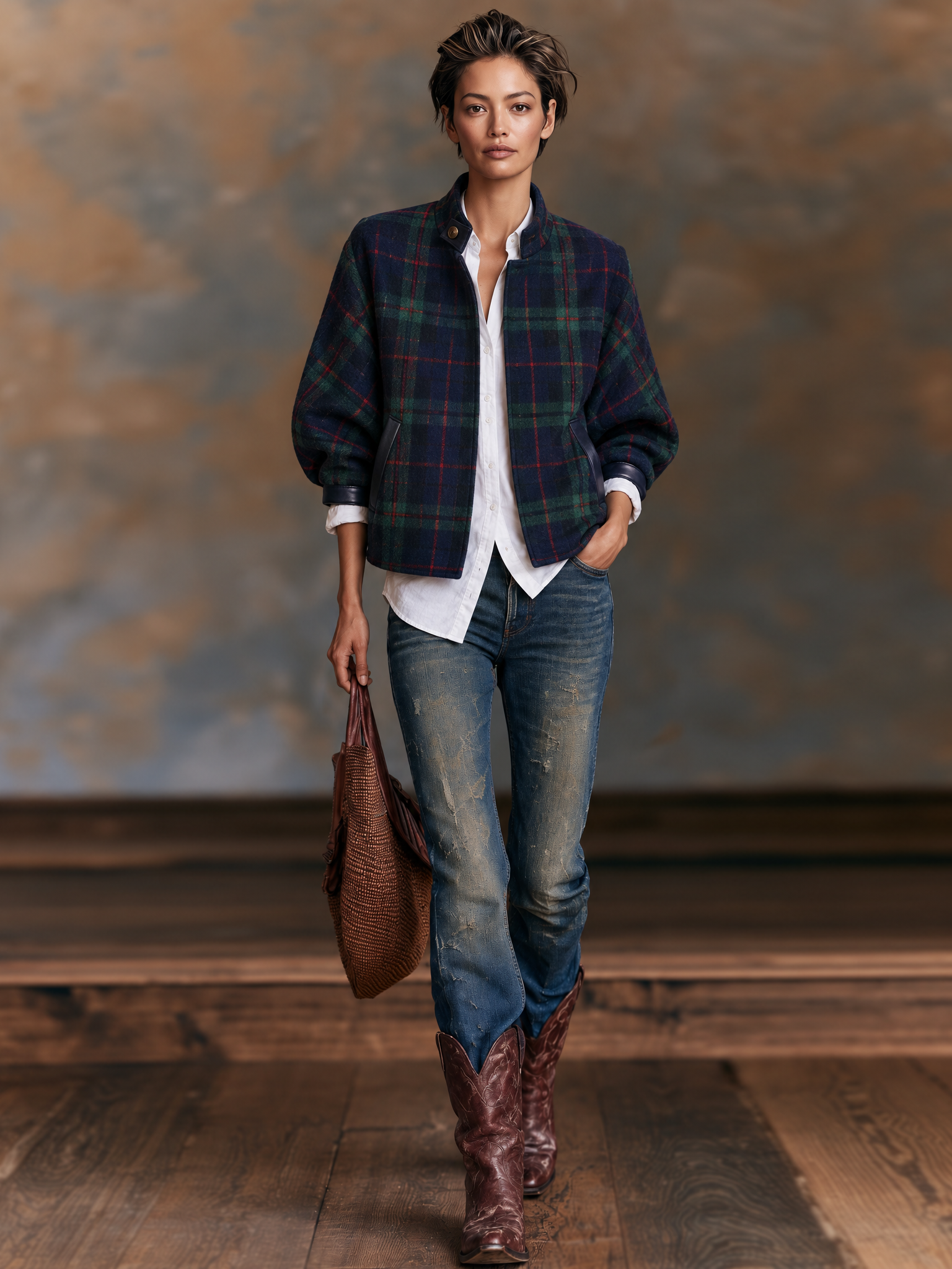 Women's Vintage-Style Plaid Wool-Blend Cropped Jacket With Leather Panels