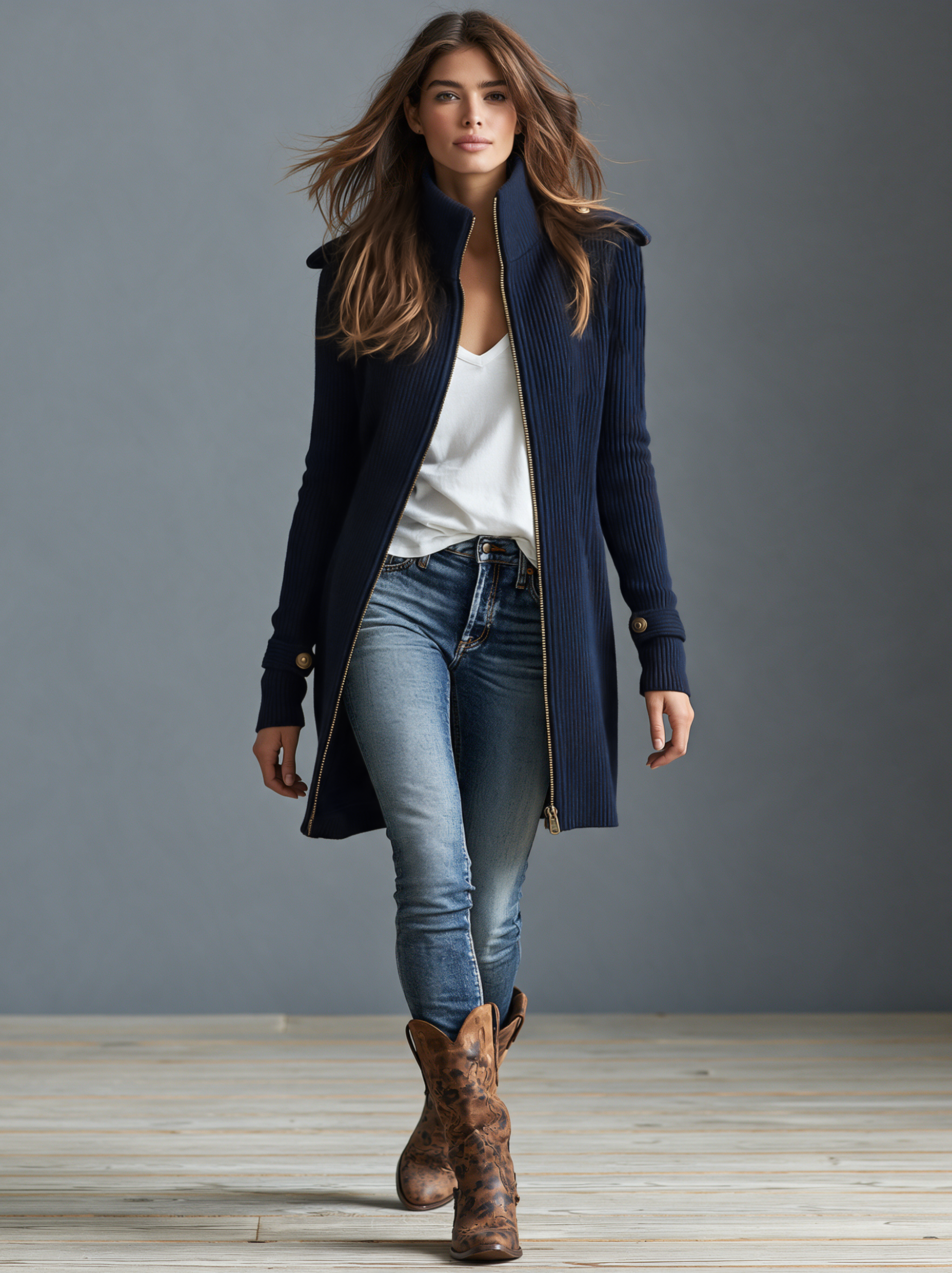 Women's Vintage Ribbed Cardigan With Zipper And Epaulets