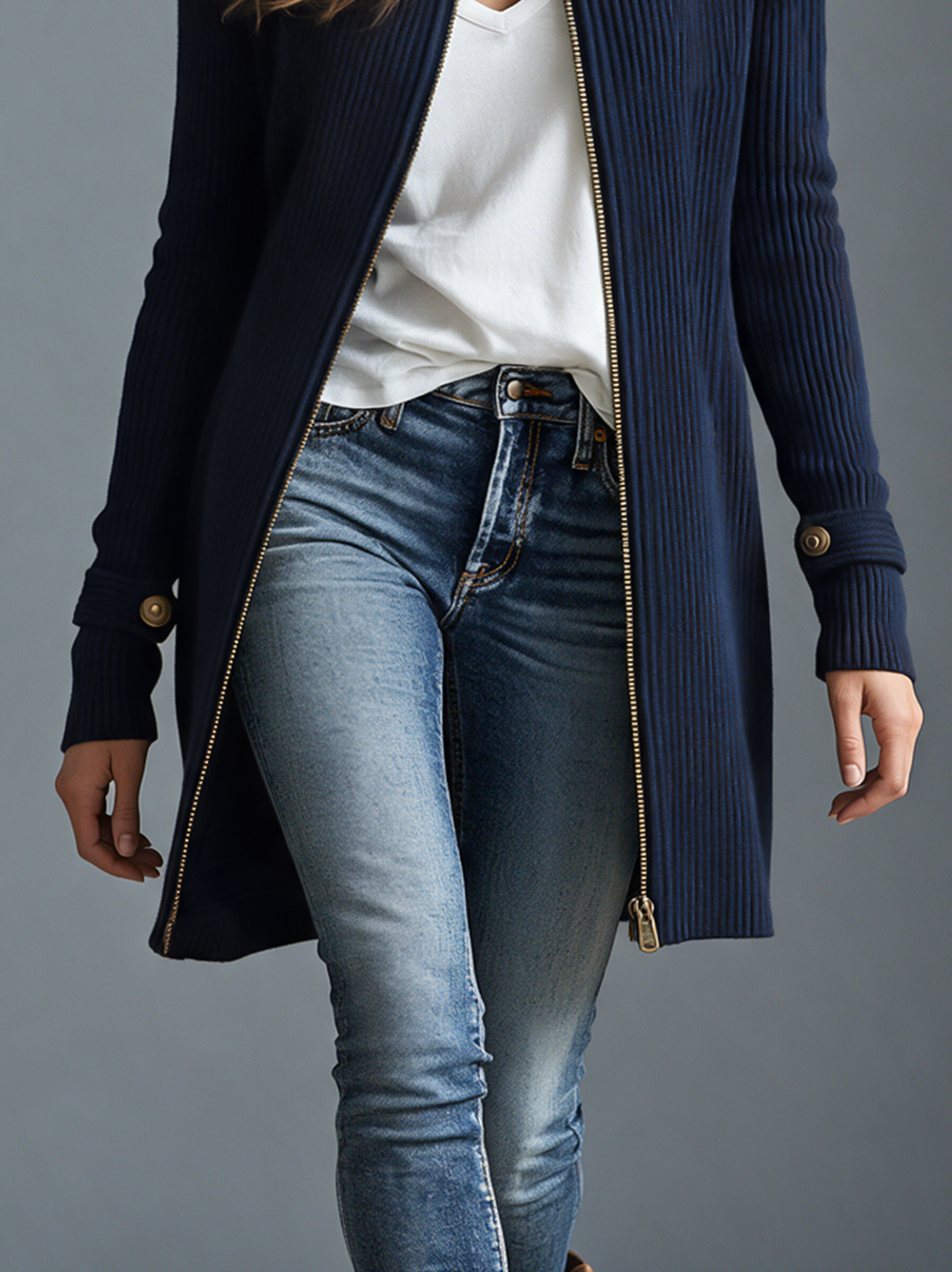 Women's Vintage Ribbed Cardigan With Zipper And Epaulets