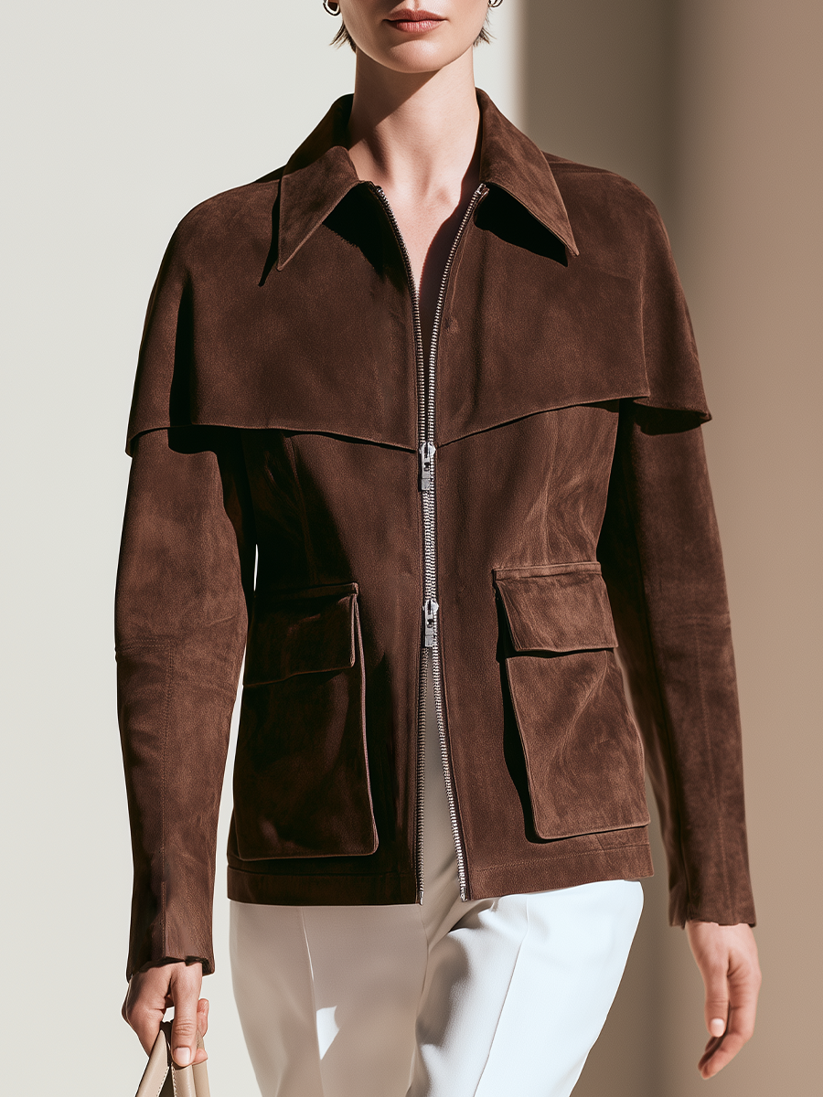 Women's Cape Detail Brown Zip Front Jacket