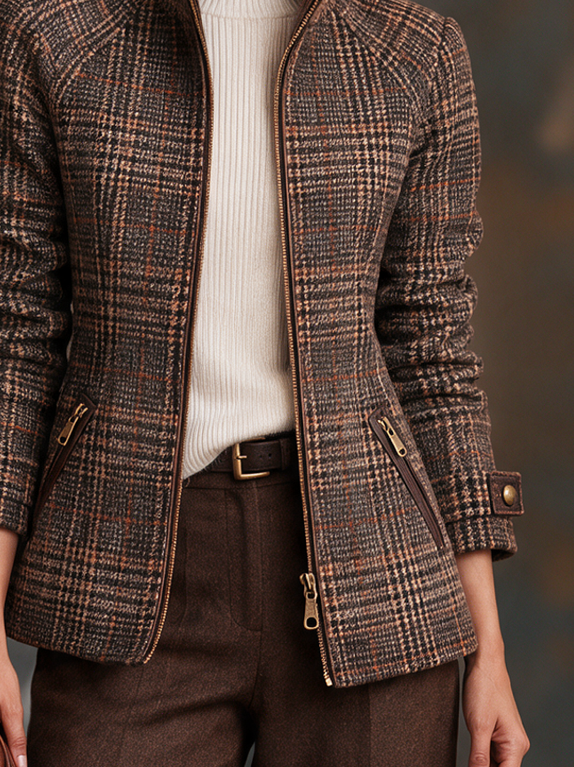 Women's Vintage Plaid Wool-Blend Zip-Up Jacket With Stand Collar