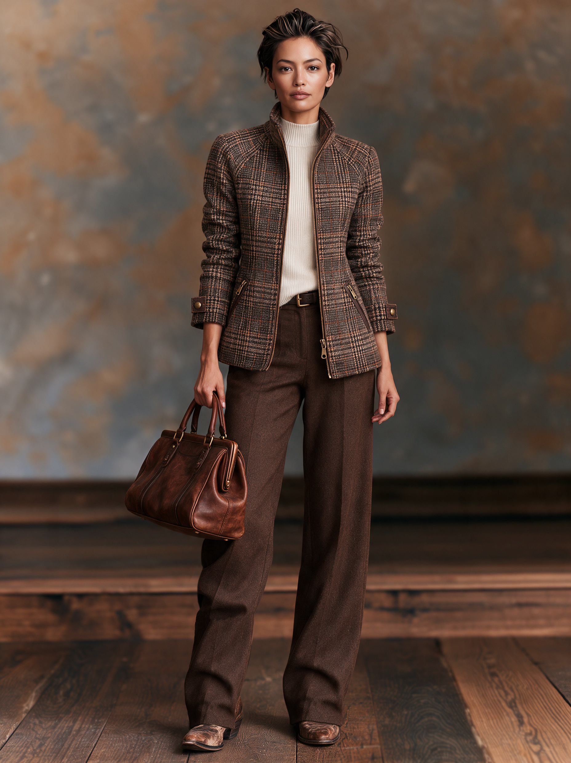 Women's Vintage Plaid Wool-Blend Zip-Up Jacket With Stand Collar