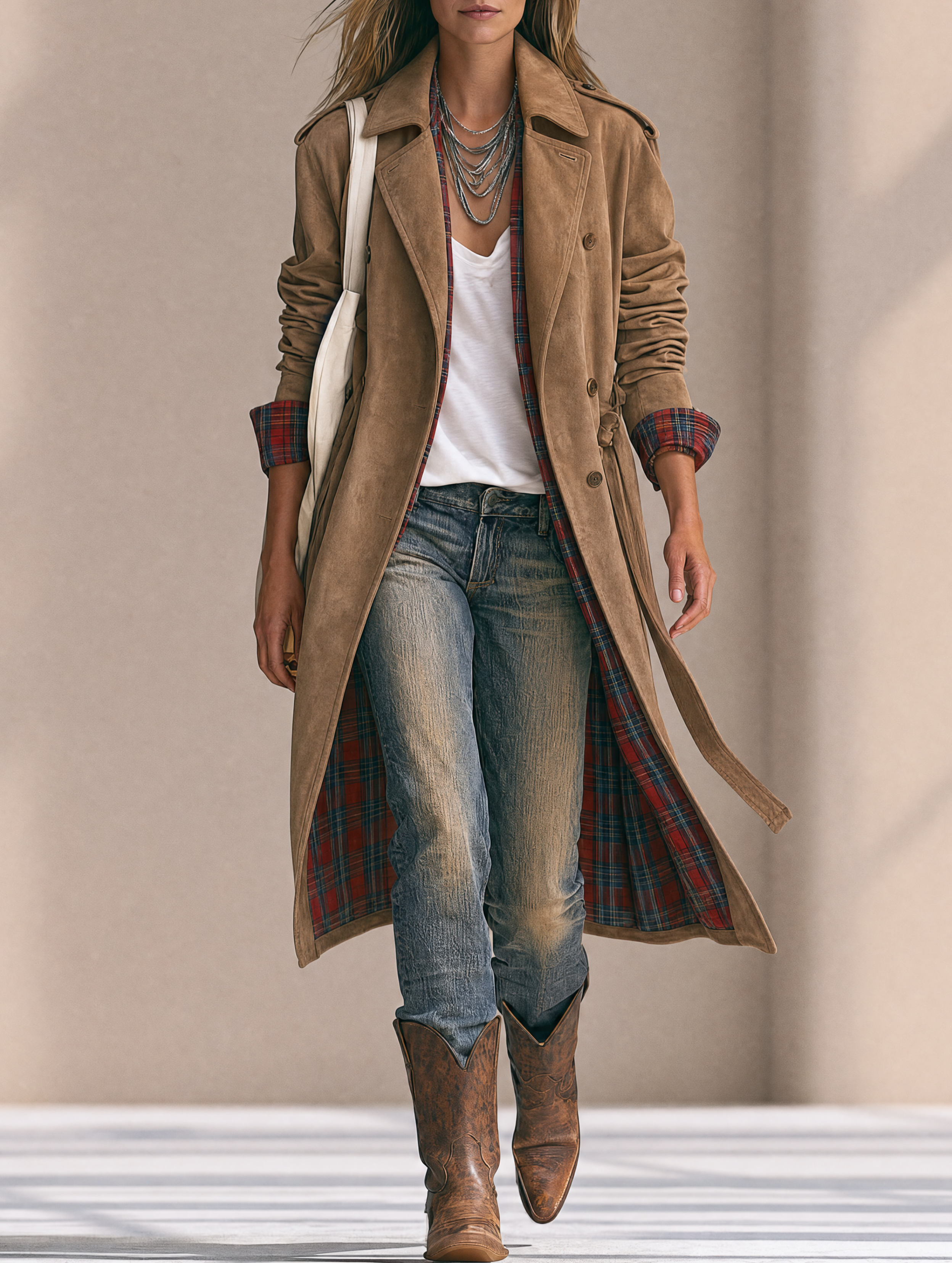 Women's Vintage-Style Suede Double-Breasted Coat With Plaid Lining