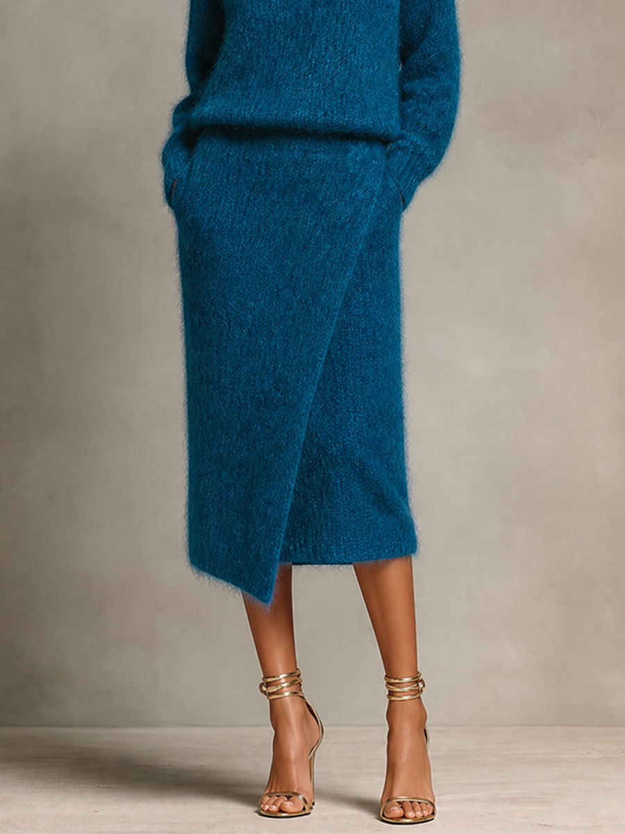 Women's Fuzzy Sweater And Wrap Midi Skirt Knit Set