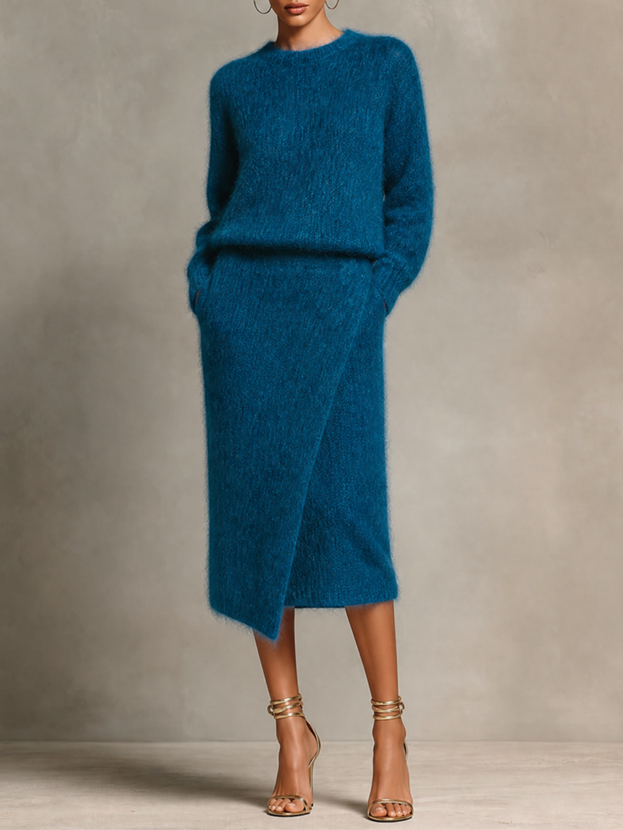 Women's Fuzzy Sweater And Wrap Midi Skirt Knit Set