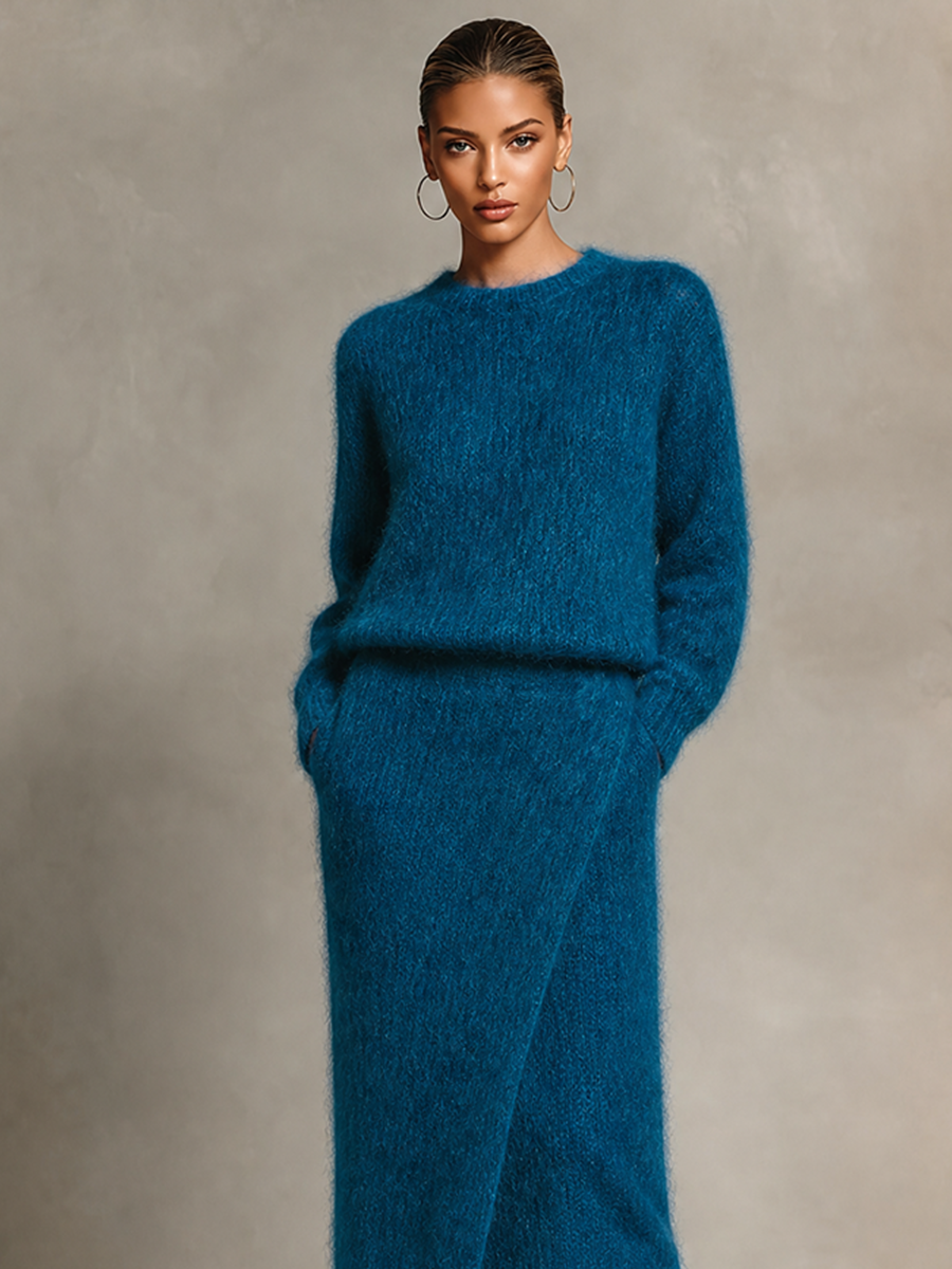 Women's Fuzzy Sweater And Wrap Midi Skirt Knit Set