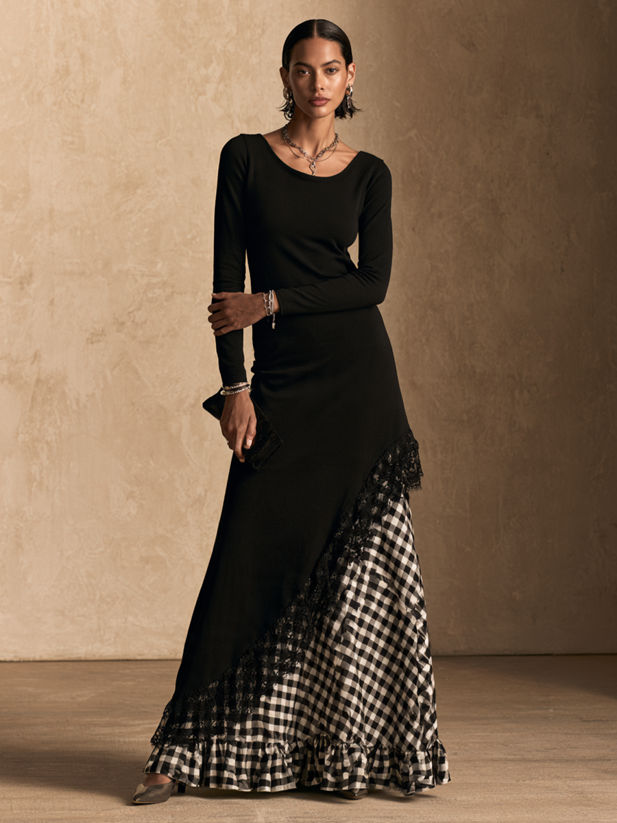 Women's Gingham Lace Panel Elegant Maxi Dress