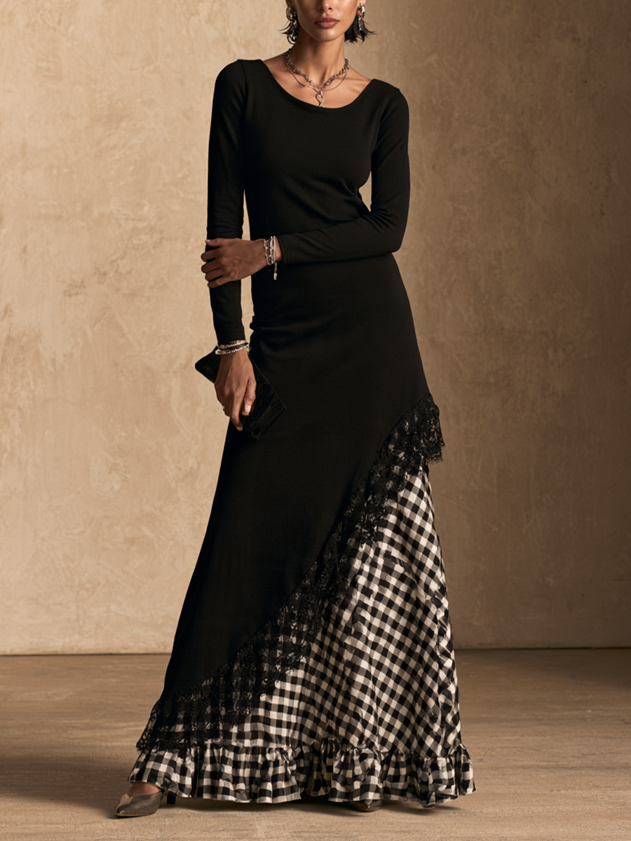 Women's Gingham Lace Panel Elegant Maxi Dress