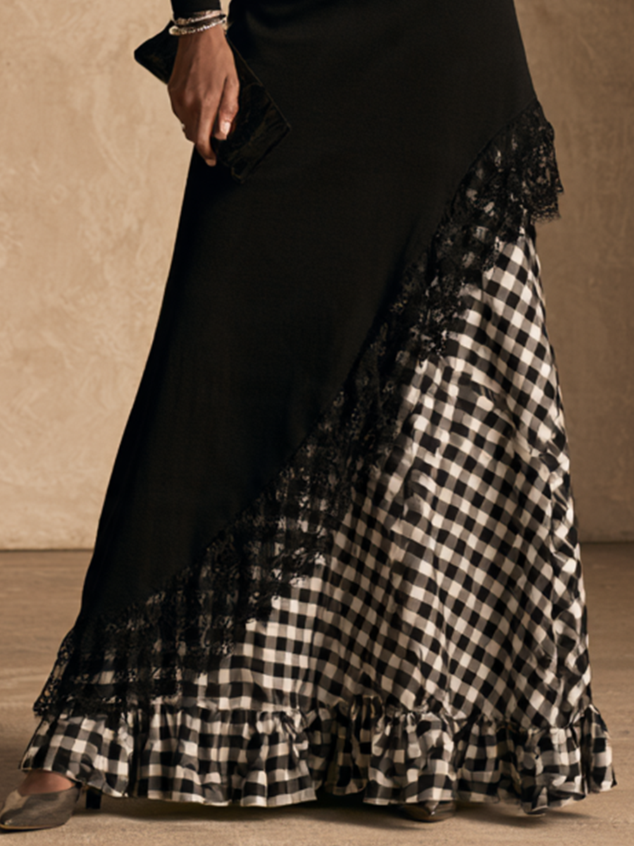 Women's Gingham Lace Panel Elegant Maxi Dress