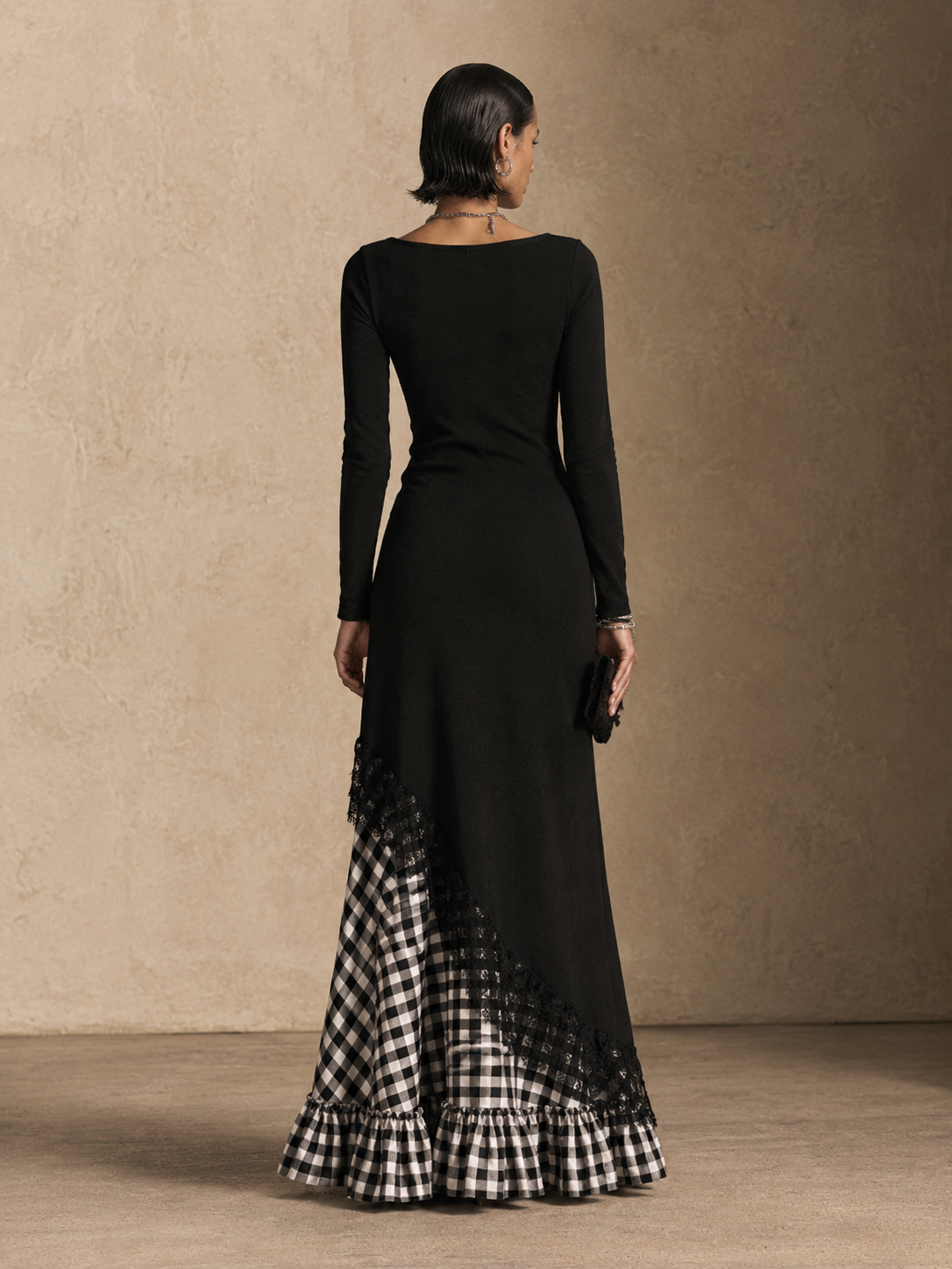 Women's Gingham Lace Panel Elegant Maxi Dress