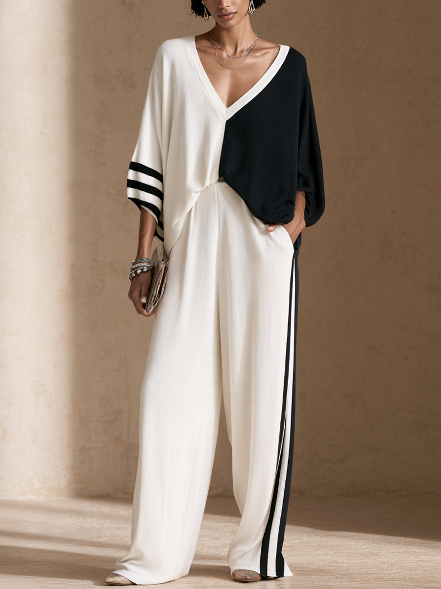 Women's Color-Blocked Casual Sweater And Wide-Leg Pants Set