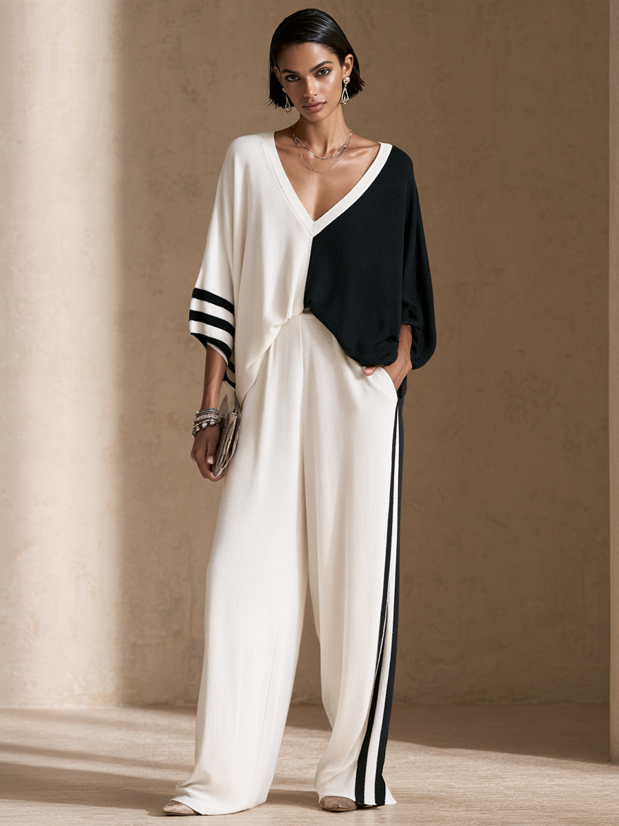 Women's Color-Blocked Casual Sweater And Wide-Leg Pants Set