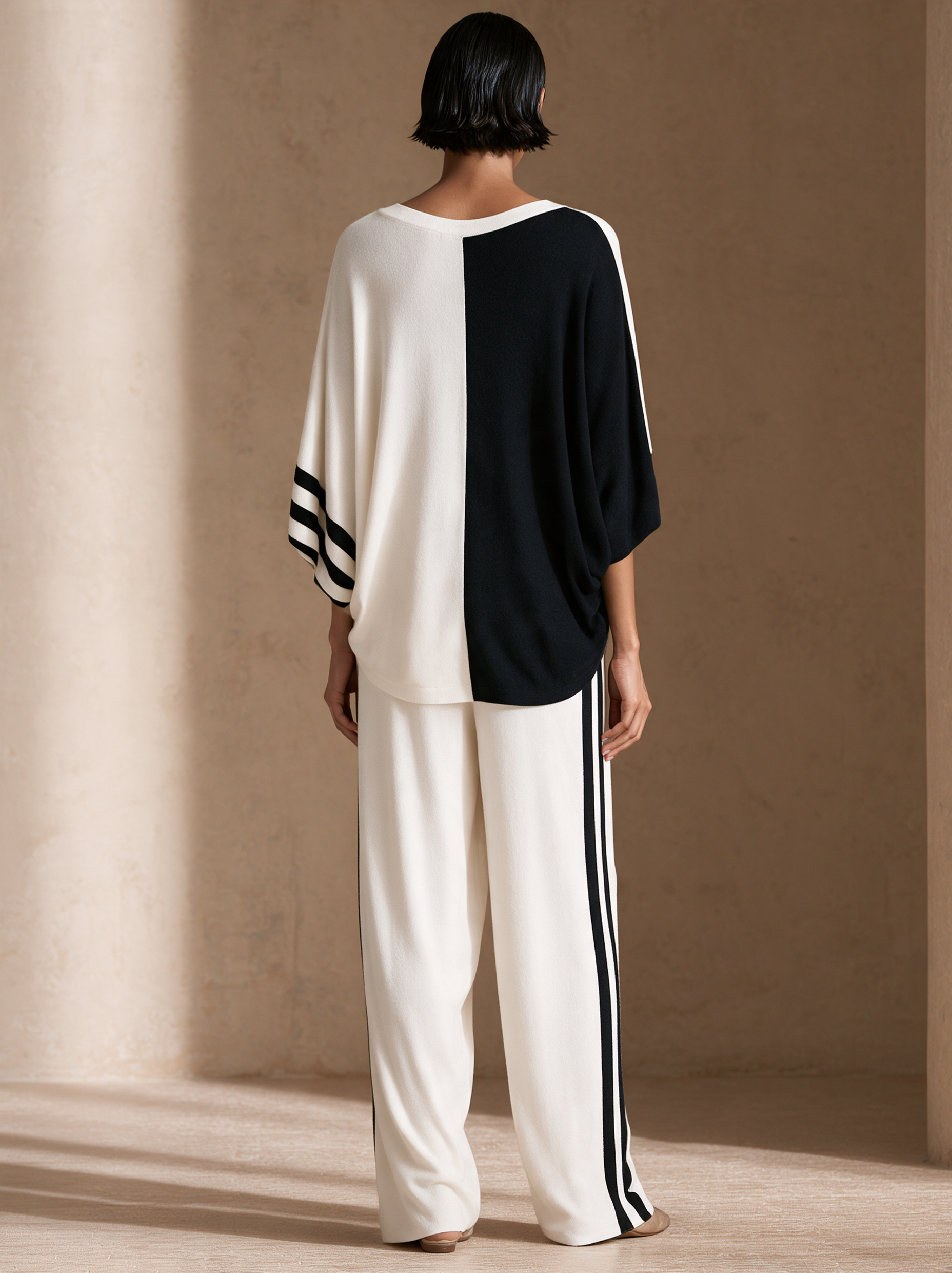 Women's Color-Blocked Casual Sweater And Wide-Leg Pants Set