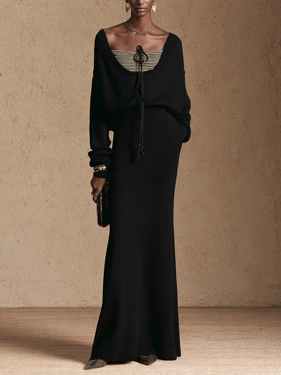 Women's Striped Panel Tie Front Elegant Maxi Skirt Set
