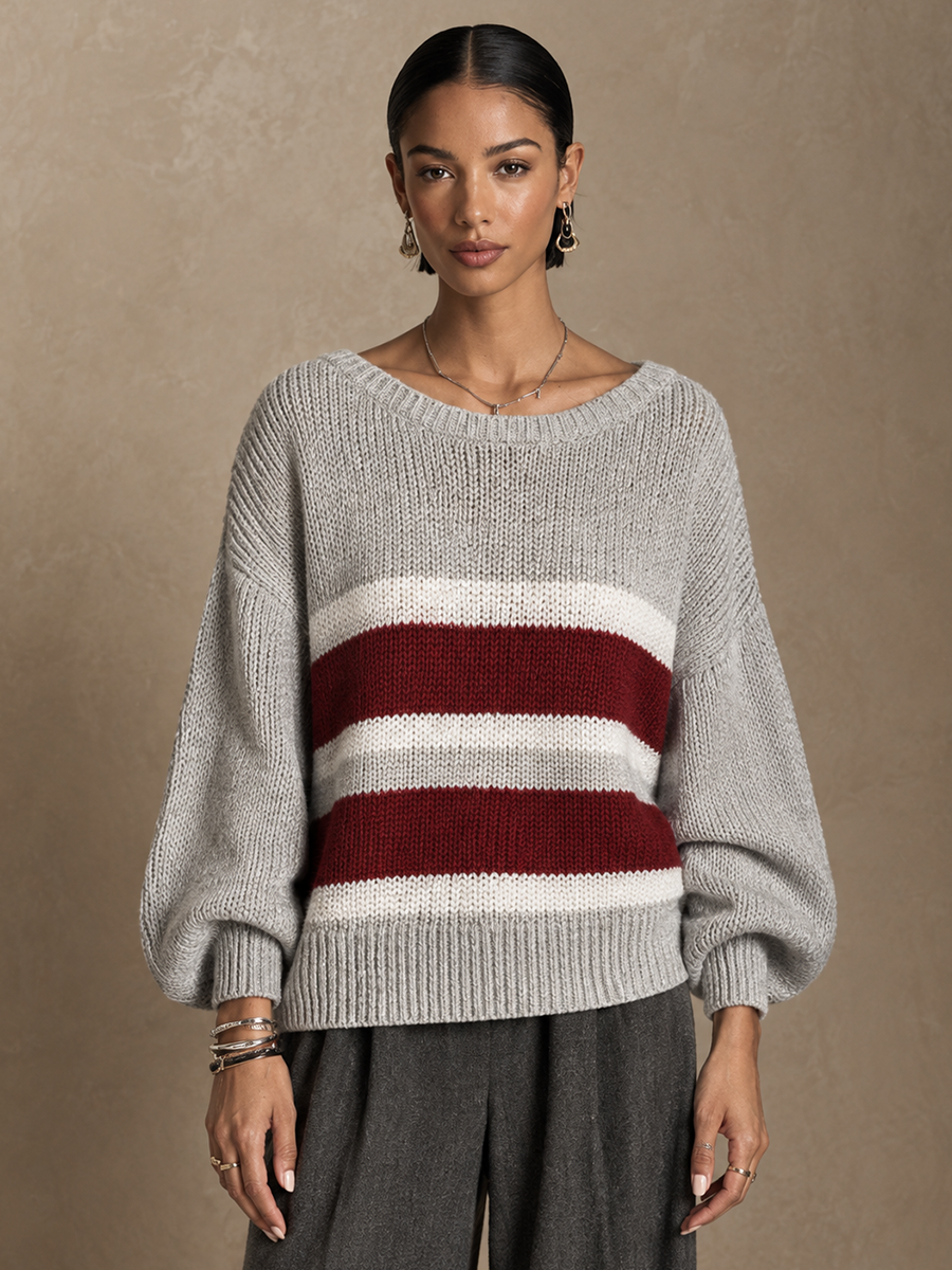 Women's Contrast Stripe Casual Round Neck Pullover Sweater