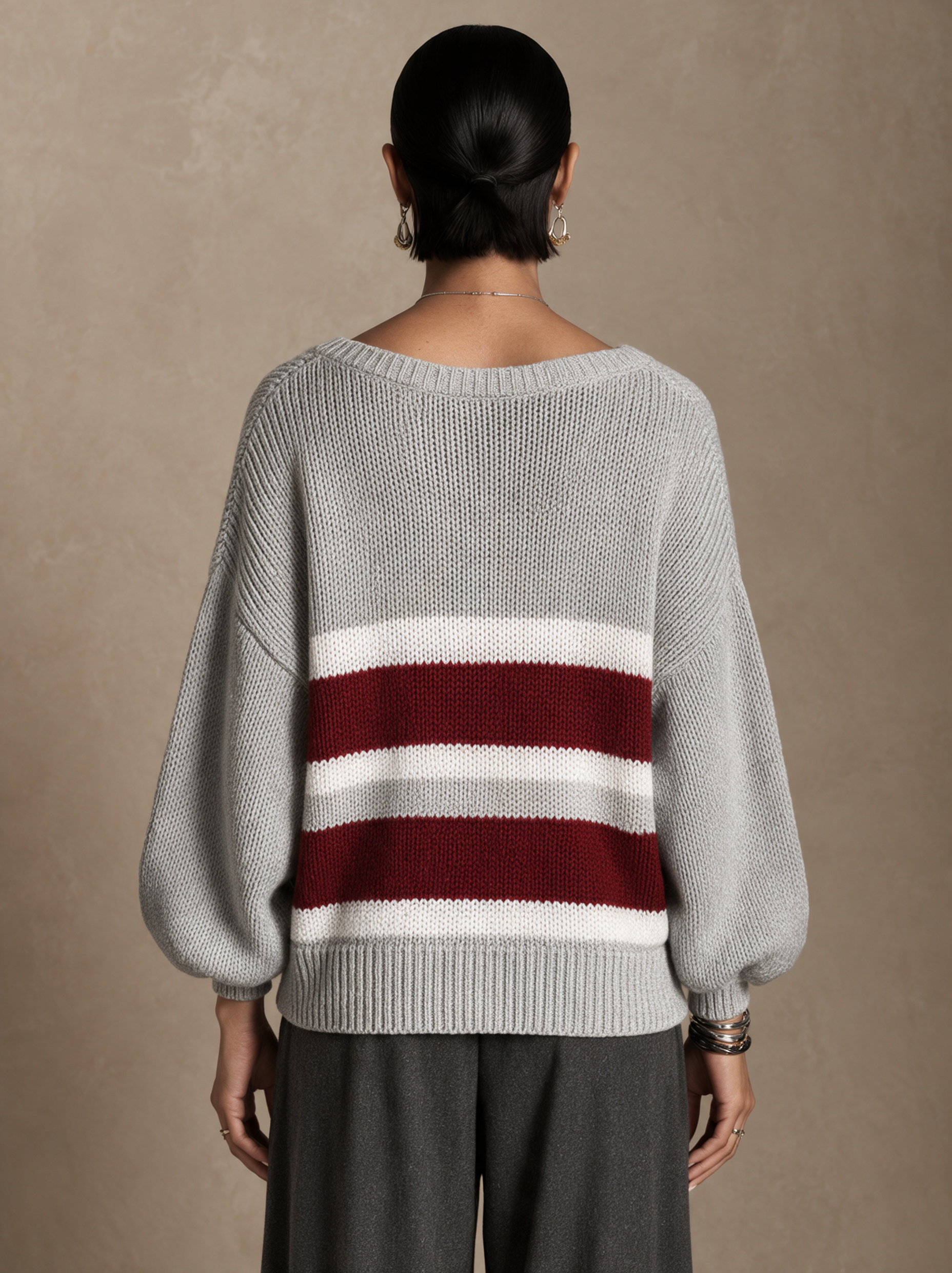 Women's Contrast Stripe Casual Round Neck Pullover Sweater