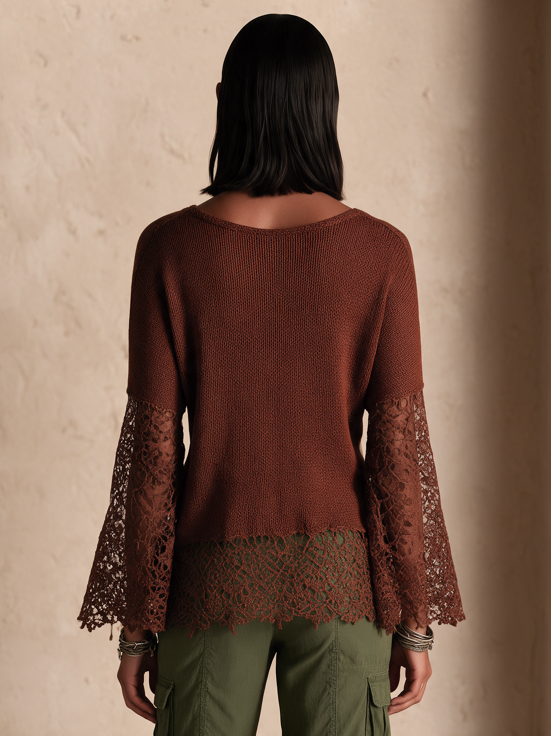 Women's Lace Panel Bohemian Bell Sleeve Sweater
