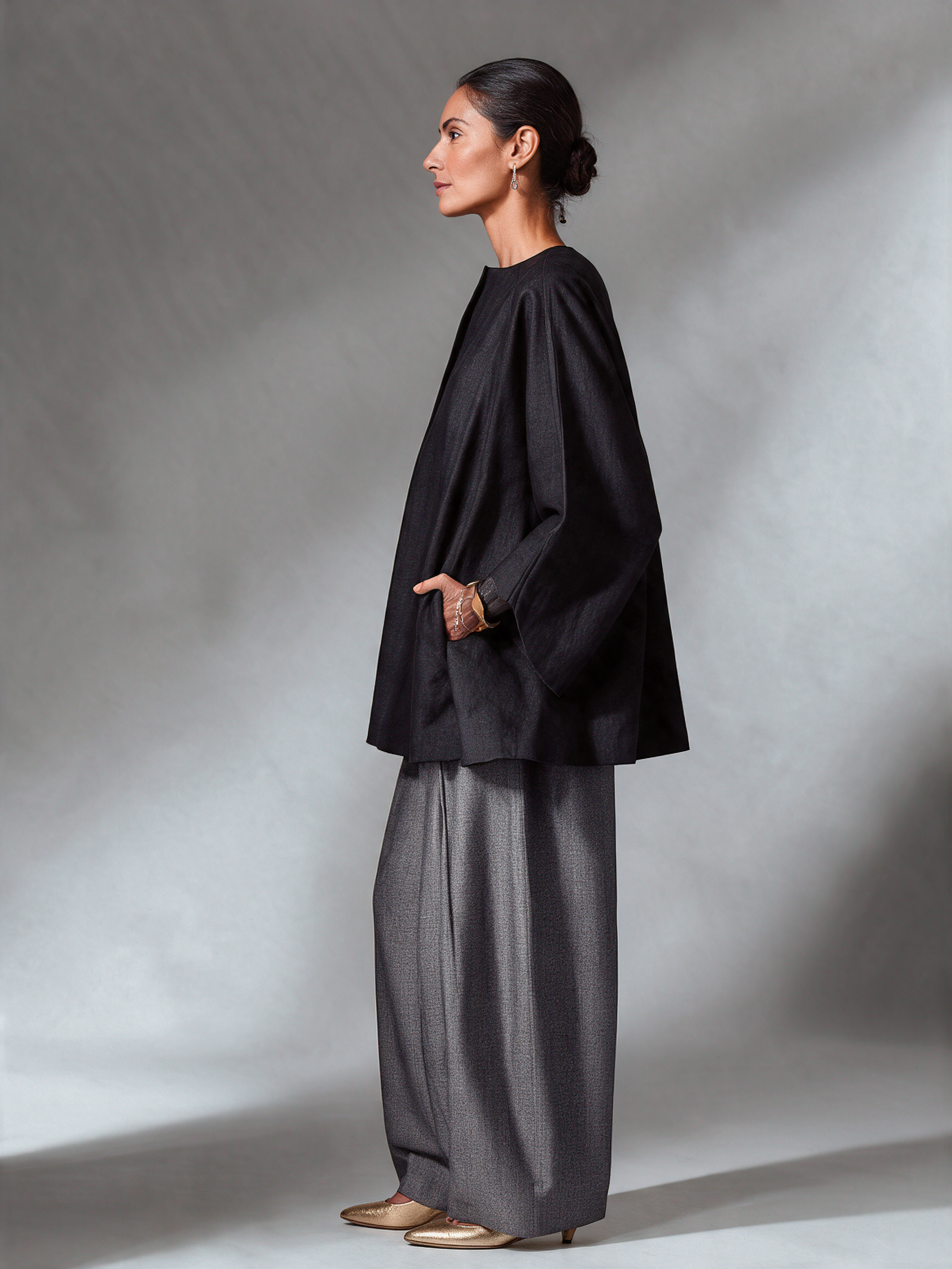 Women's Collarless Top & Linen-blend Wide Leg Pants Set