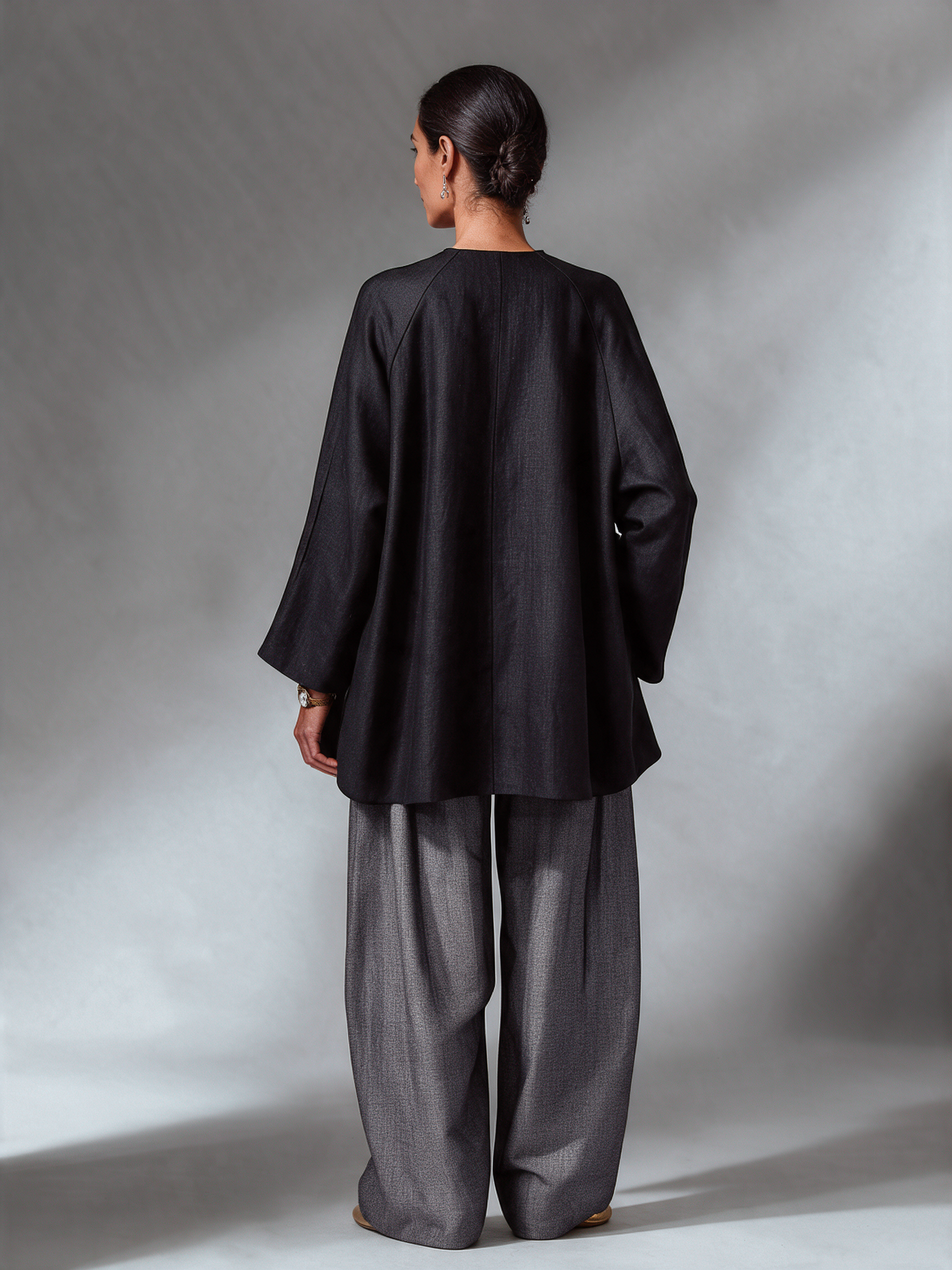 Women's Collarless Top & Linen-blend Wide Leg Pants Set