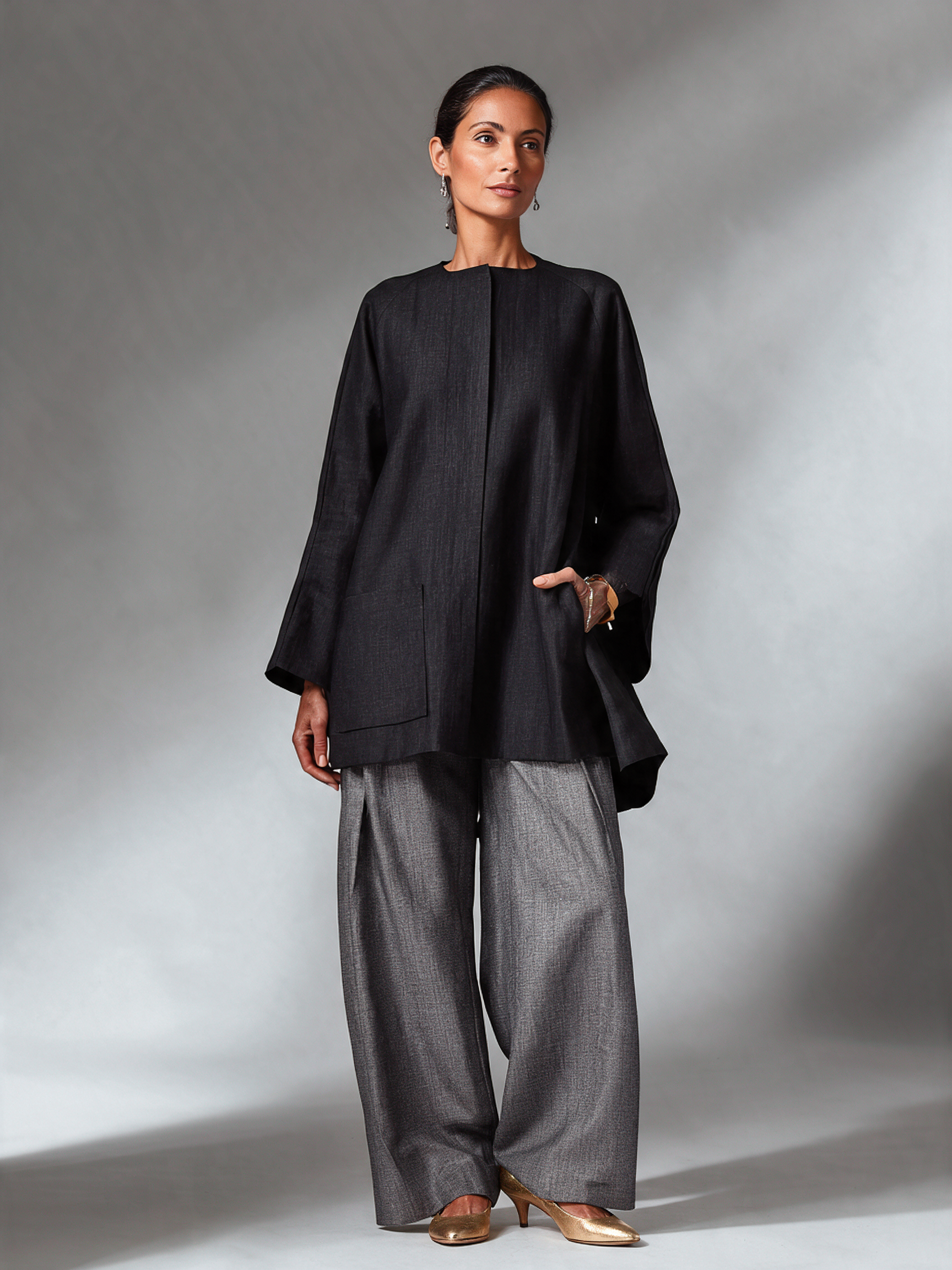 Women's Collarless Top & Linen-blend Wide Leg Pants Set