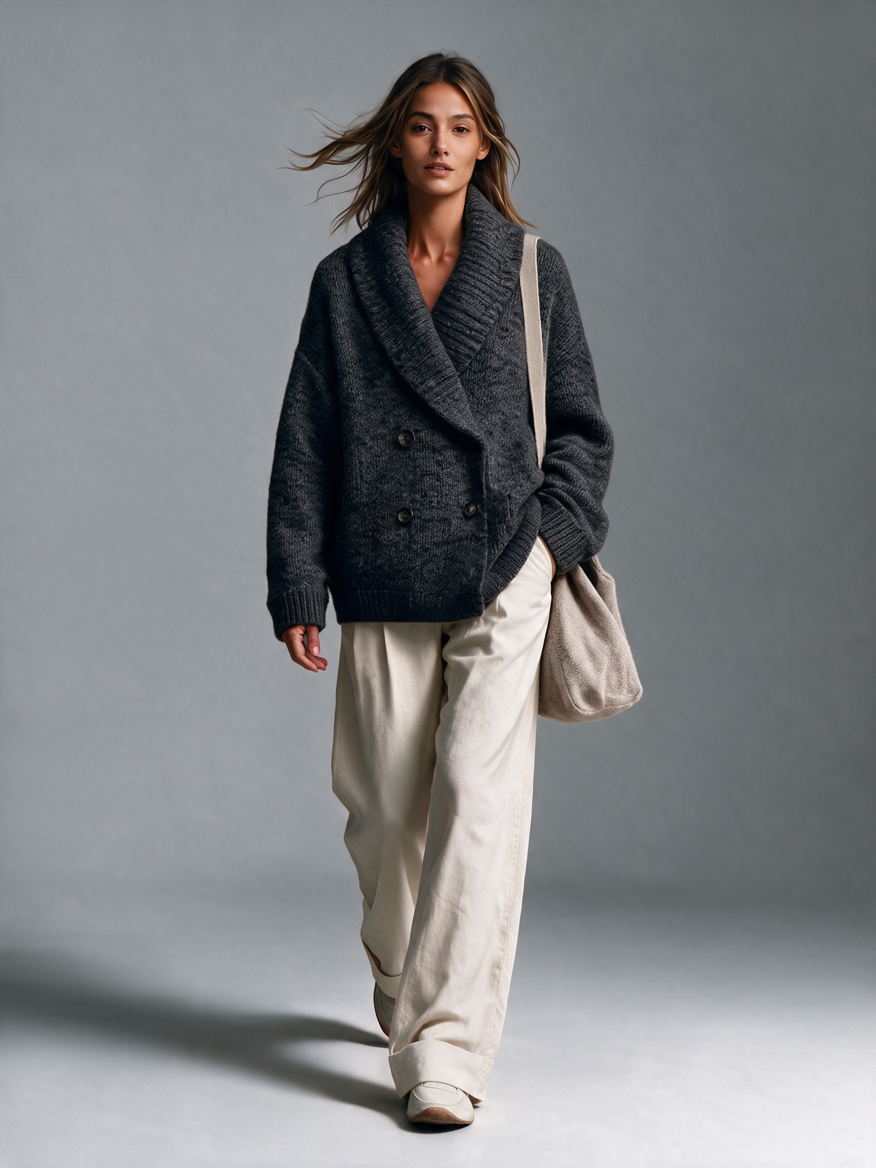 Women's Shawl Collar Double‑Breasted Knit Cardigan & Wide‑Leg Trousers Set