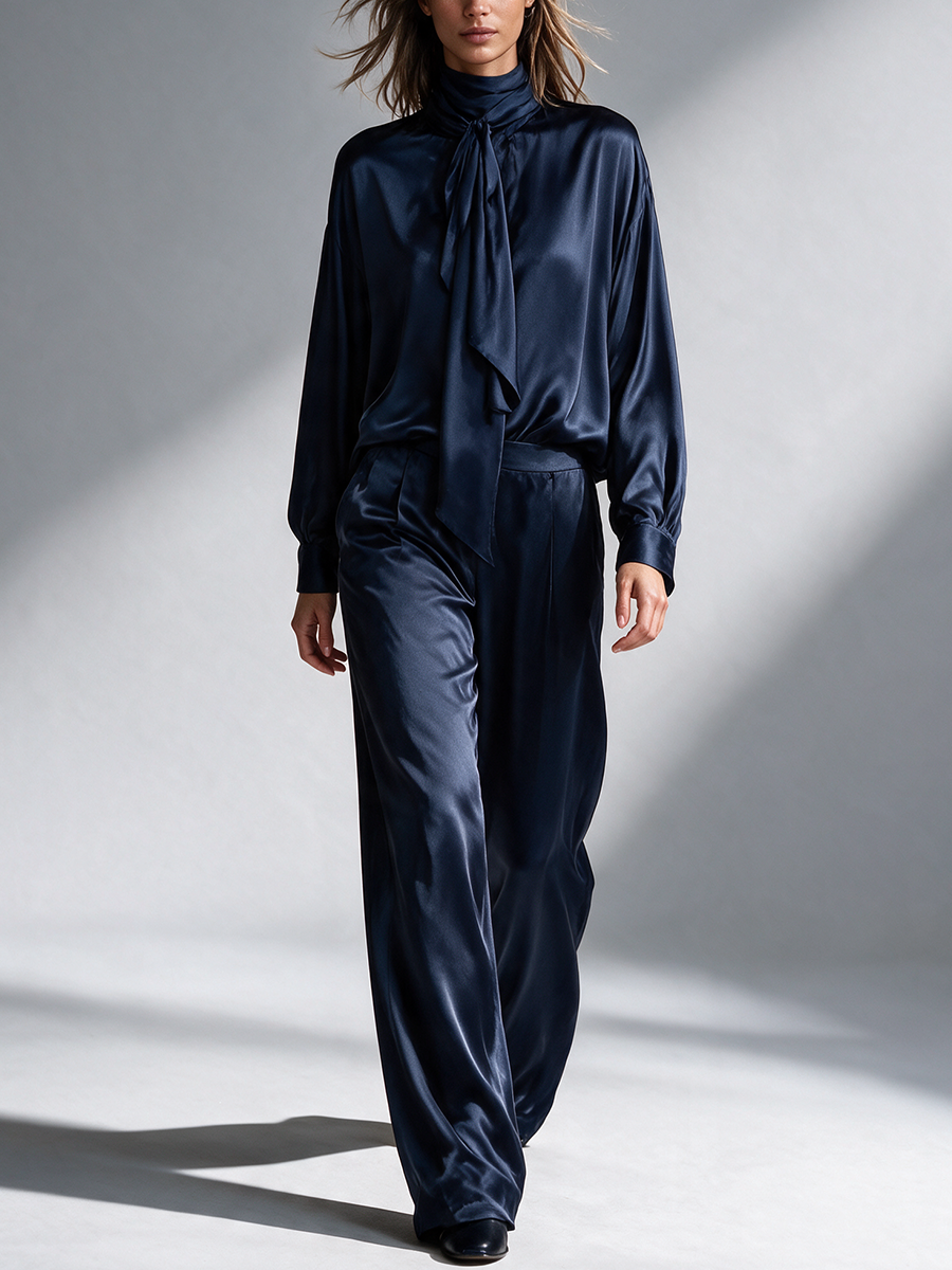 Women's Satin Ribbon Blouse & Matching Wide Leg Pants Set