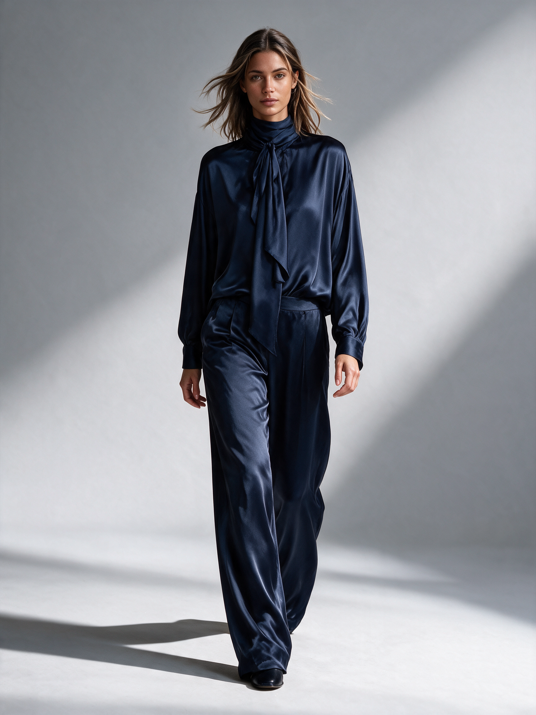 Women's Satin Ribbon Blouse & Matching Wide Leg Pants Set