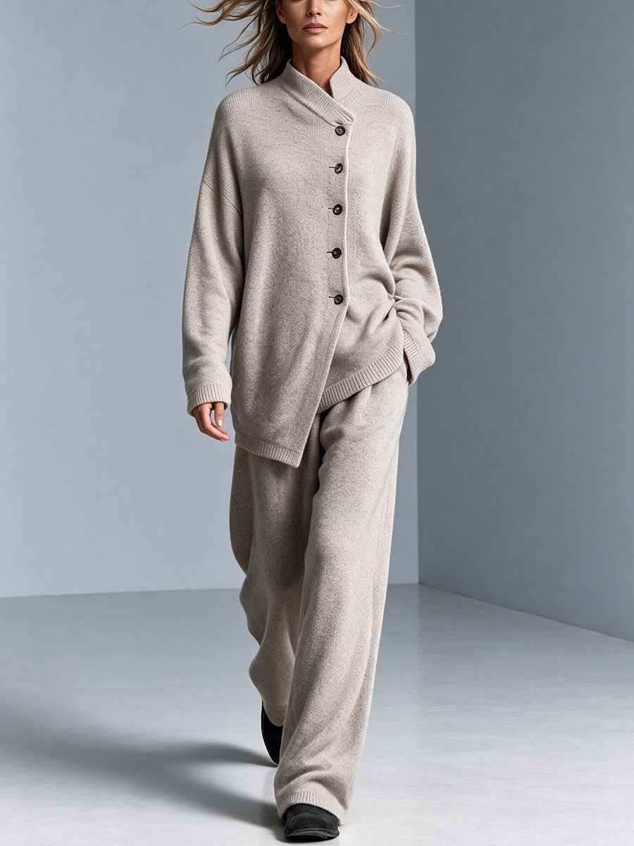 Women's Stand Collar Asymmetric Button Knit Top & Knit Wide‑Leg Pants Set