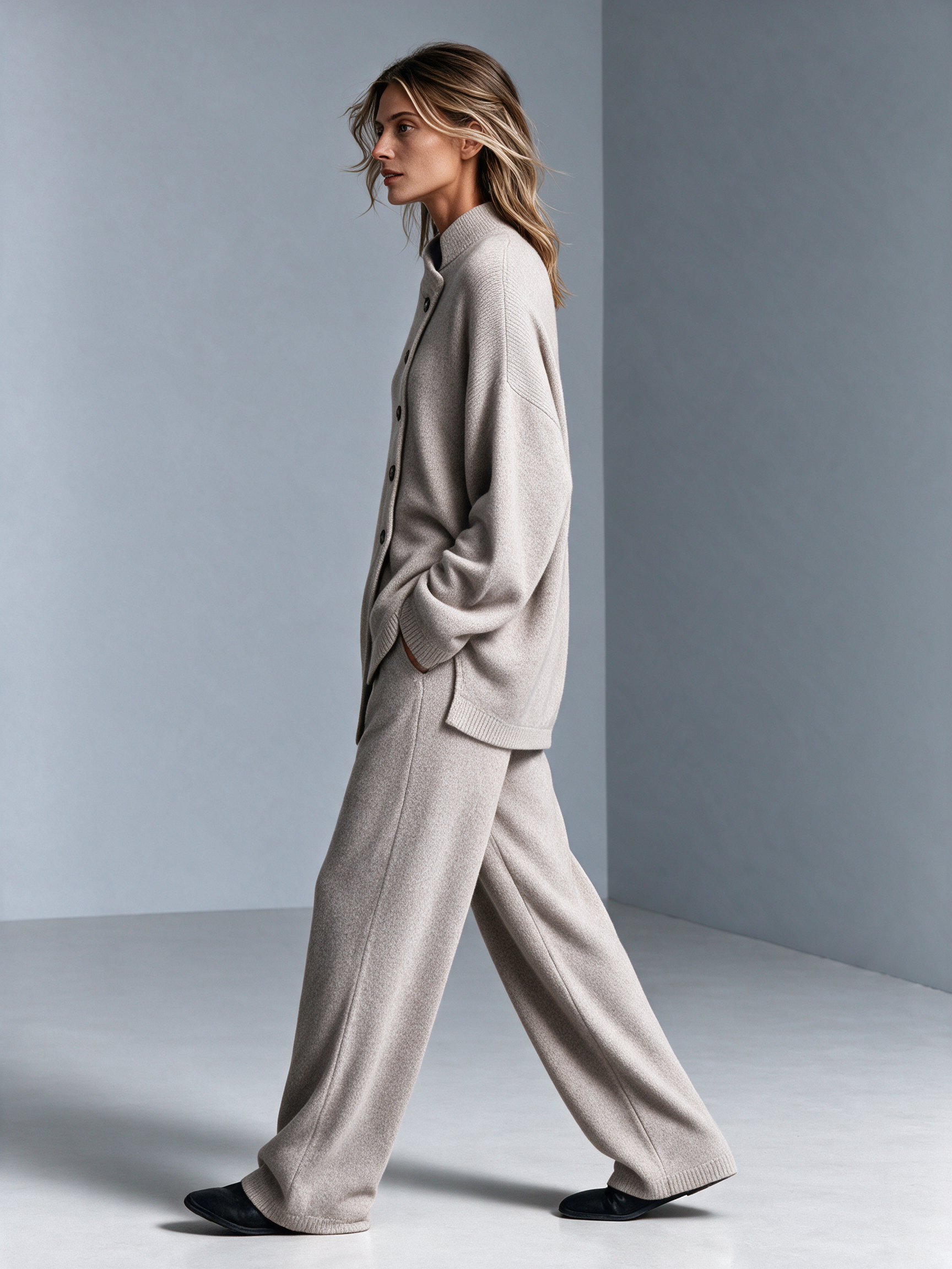 Women's Stand Collar Asymmetric Button Knit Top & Knit Wide‑Leg Pants Set